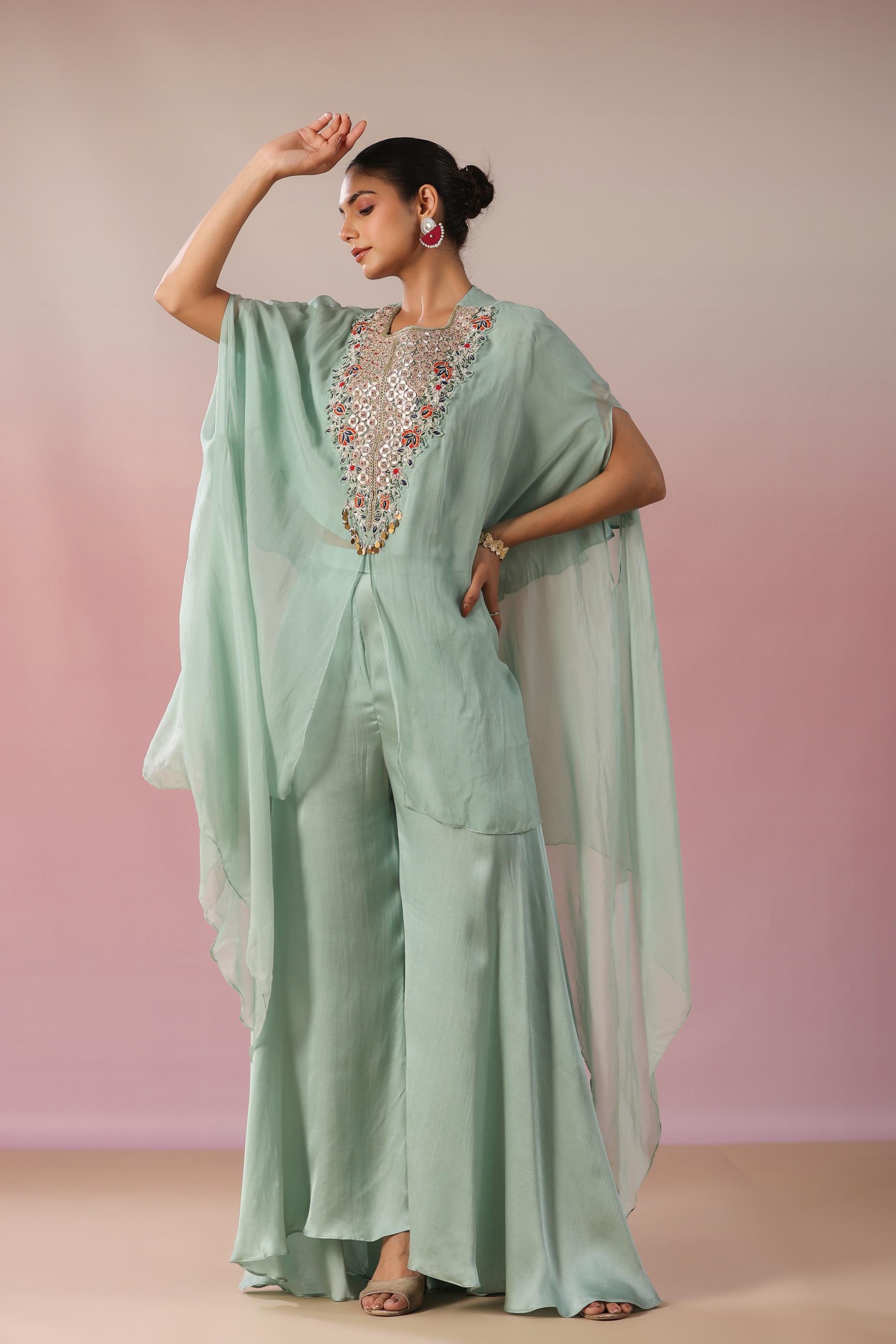 Light Turquoise Embellished Premium Organza Silk Kaftan & Palazzo Set