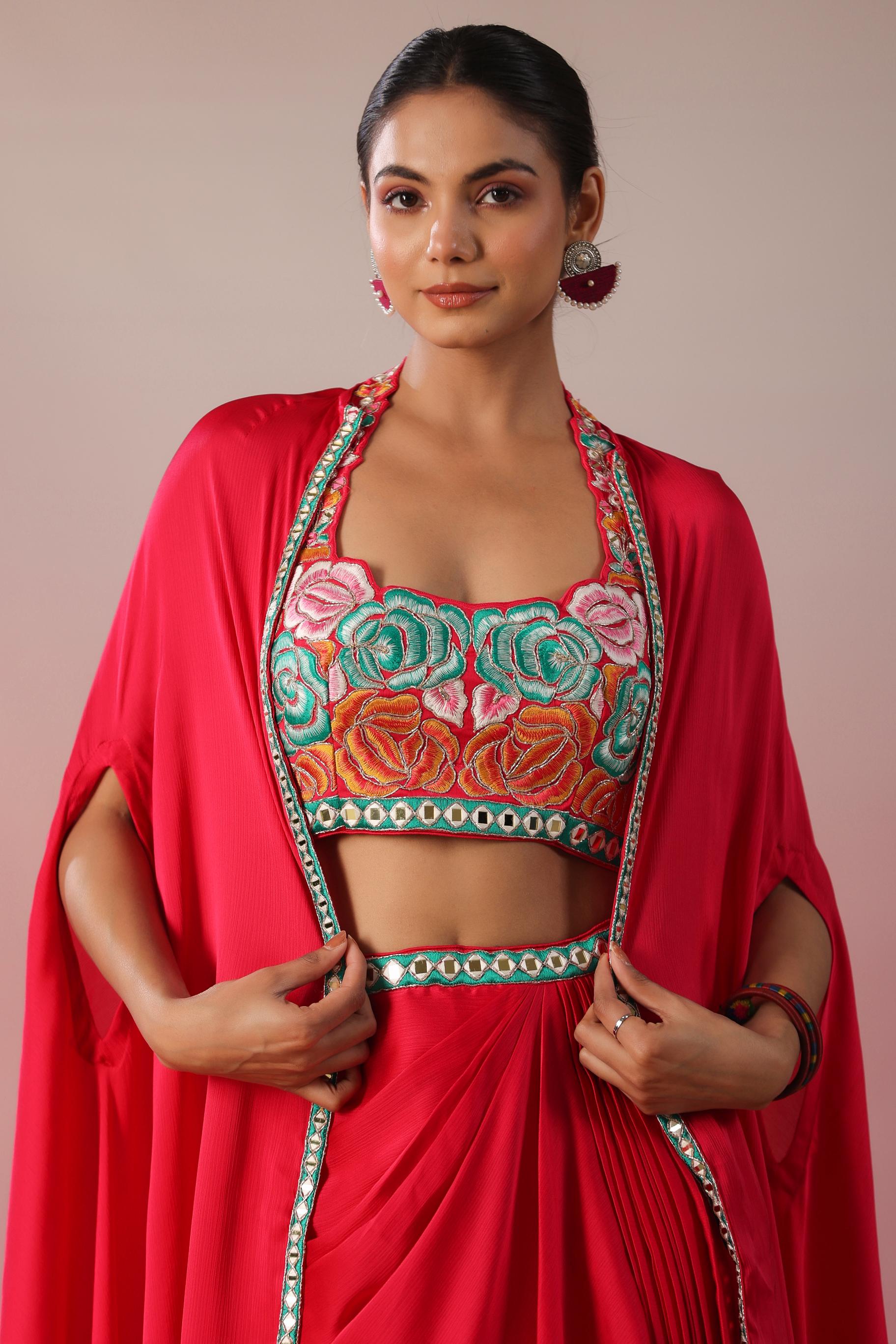 Rani Pink Embroidered Chinon Silk Cape Set
