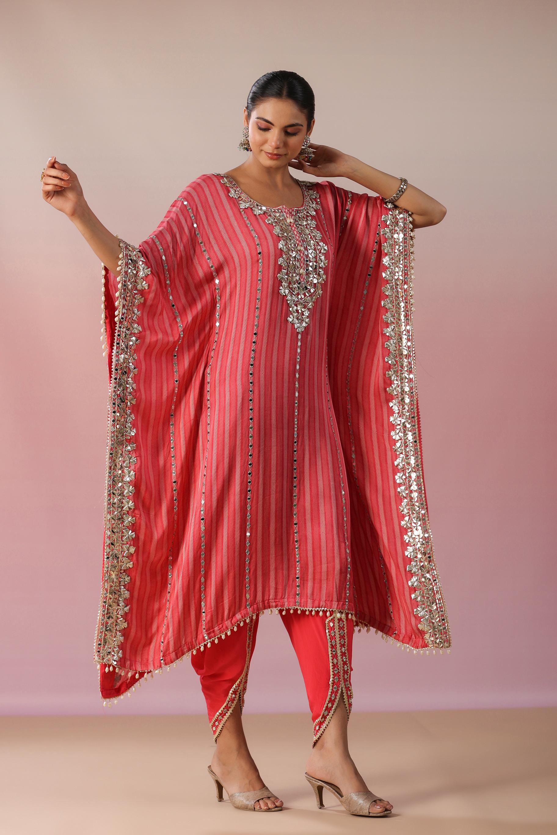 Brink Pink Embellished Premium Silk Kaftan Dhoti Set