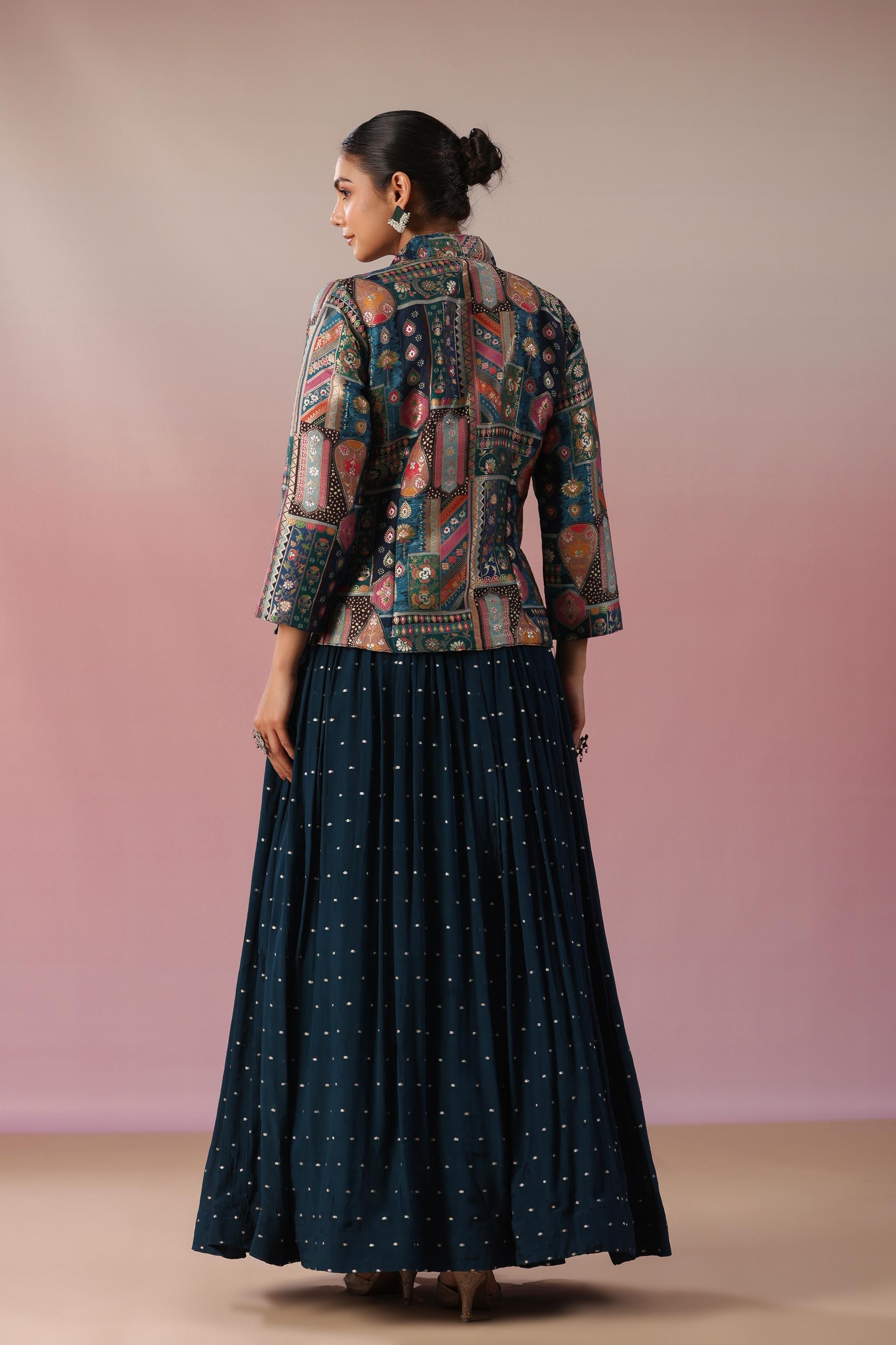 Dark Teal Embroidered Chinon Silk Skirt Set