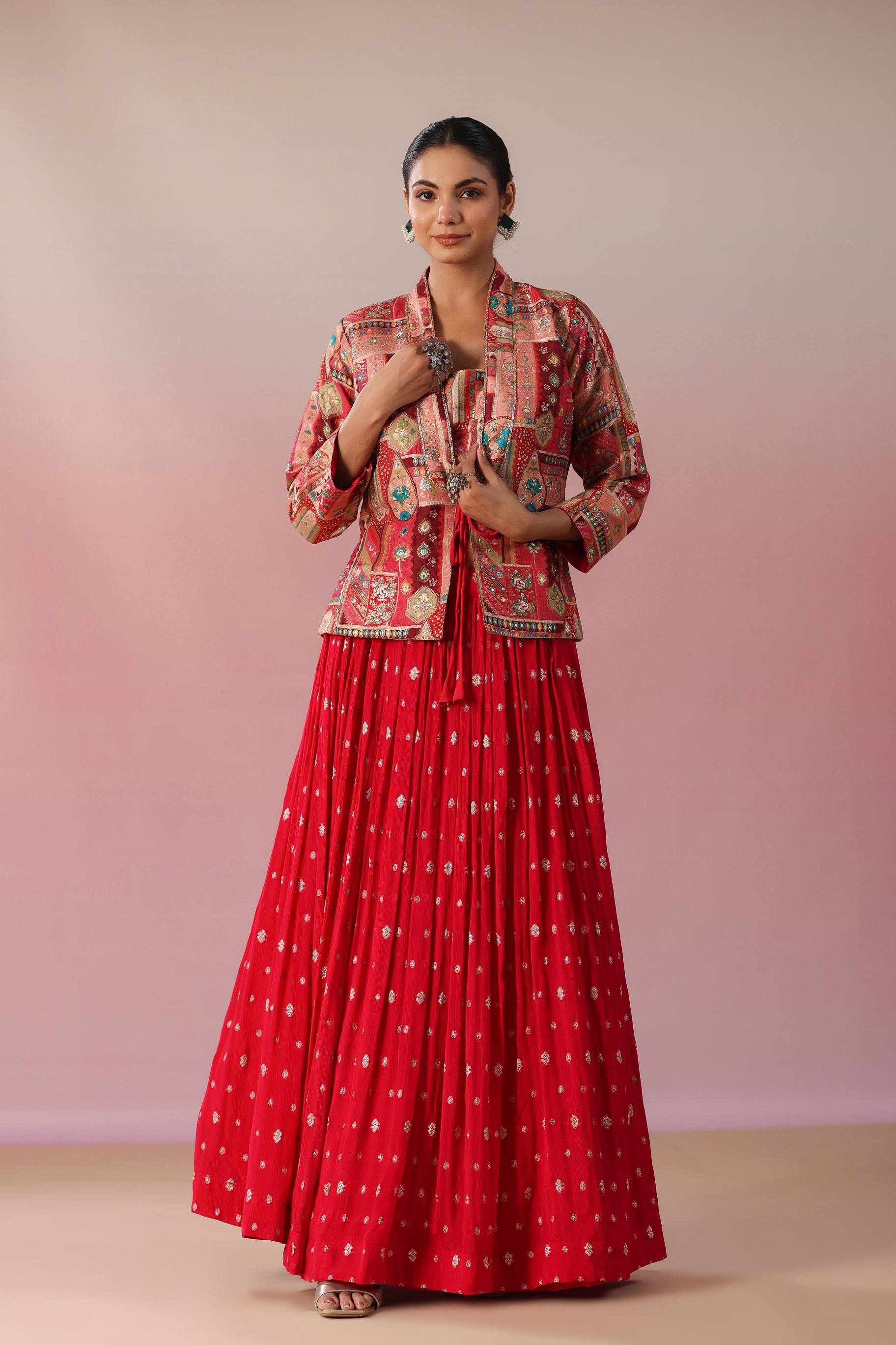 Cerise Pink Embroidered Chinon Silk Skirt Set