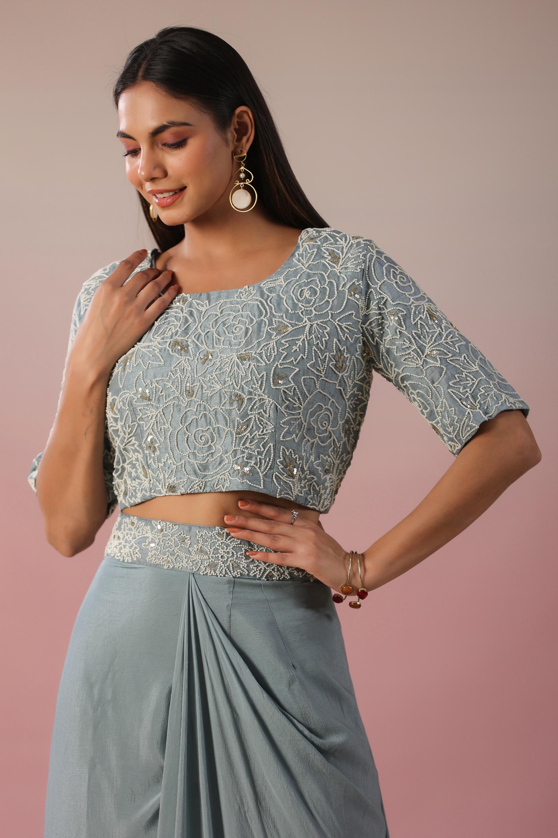 Stone Blue Embroidered Premium Silk Skirt Set