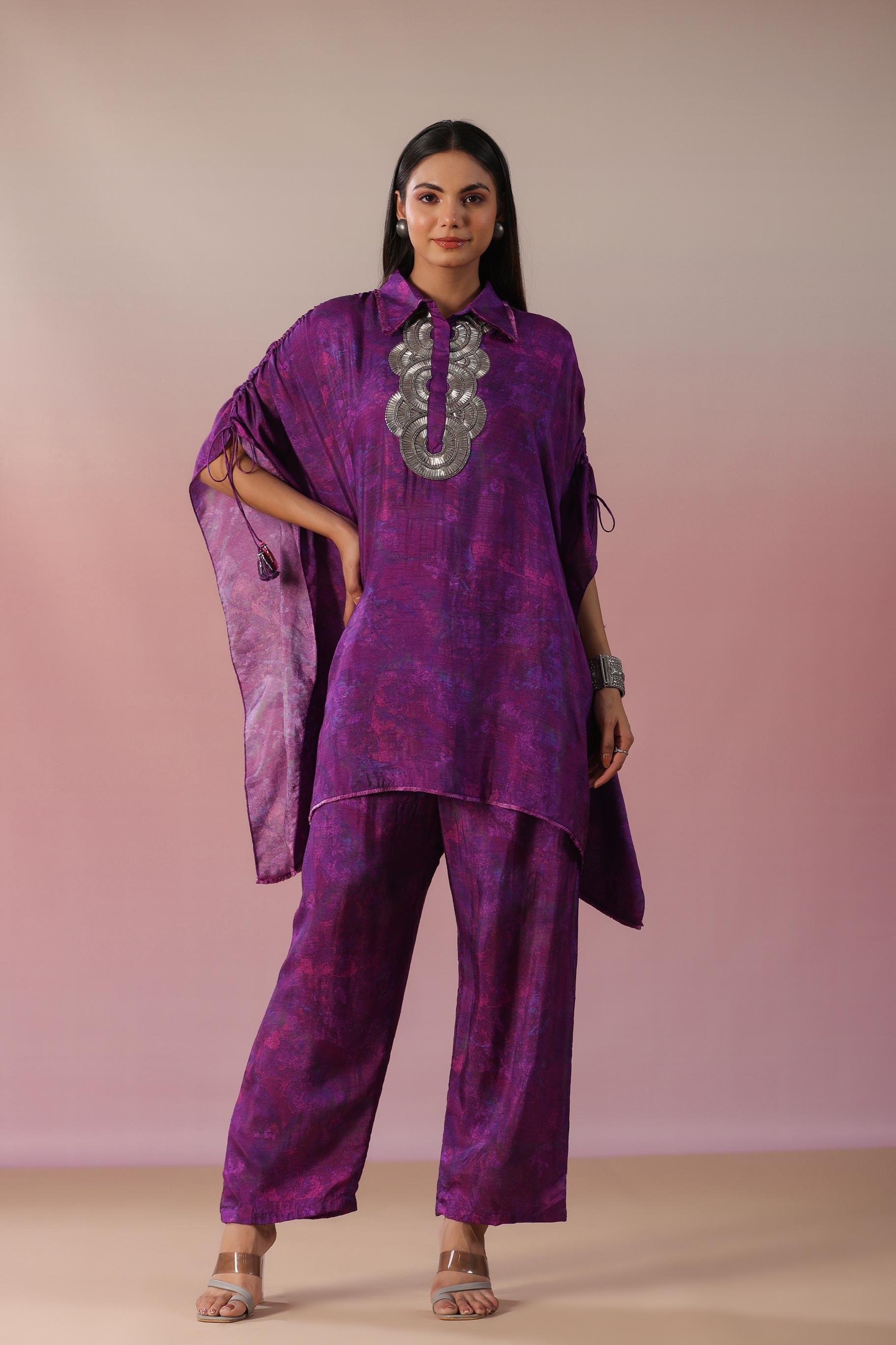 Purple Embellished Habutai Silk Kurta & Palazzo Set