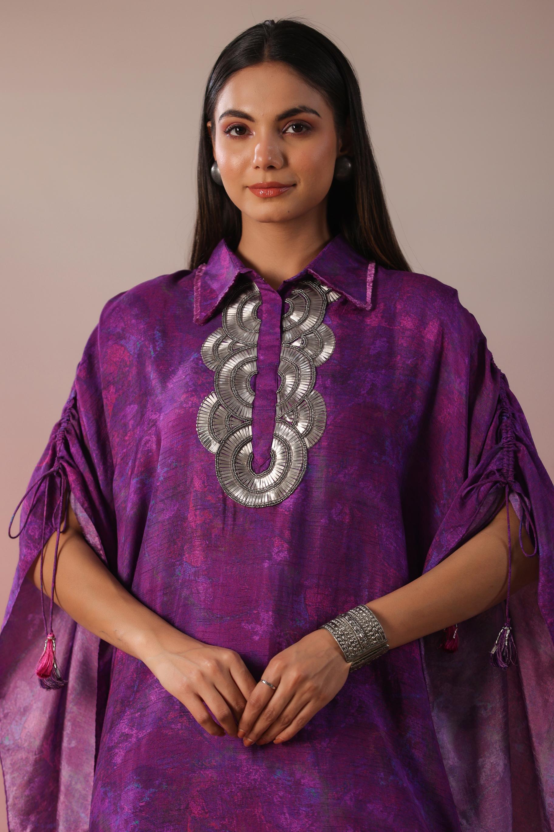 Purple Embellished Habutai Silk Kurta & Palazzo Set