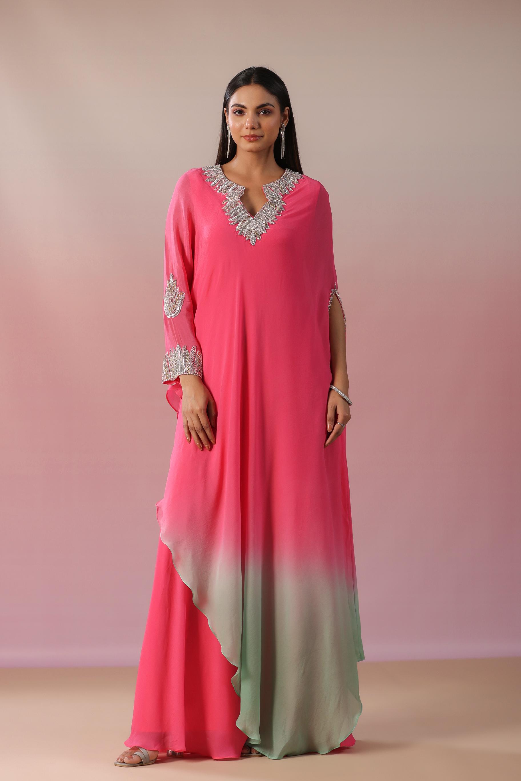 Rouge Pink Embellished Vama Georgette Silk Asymmetrical Dress
