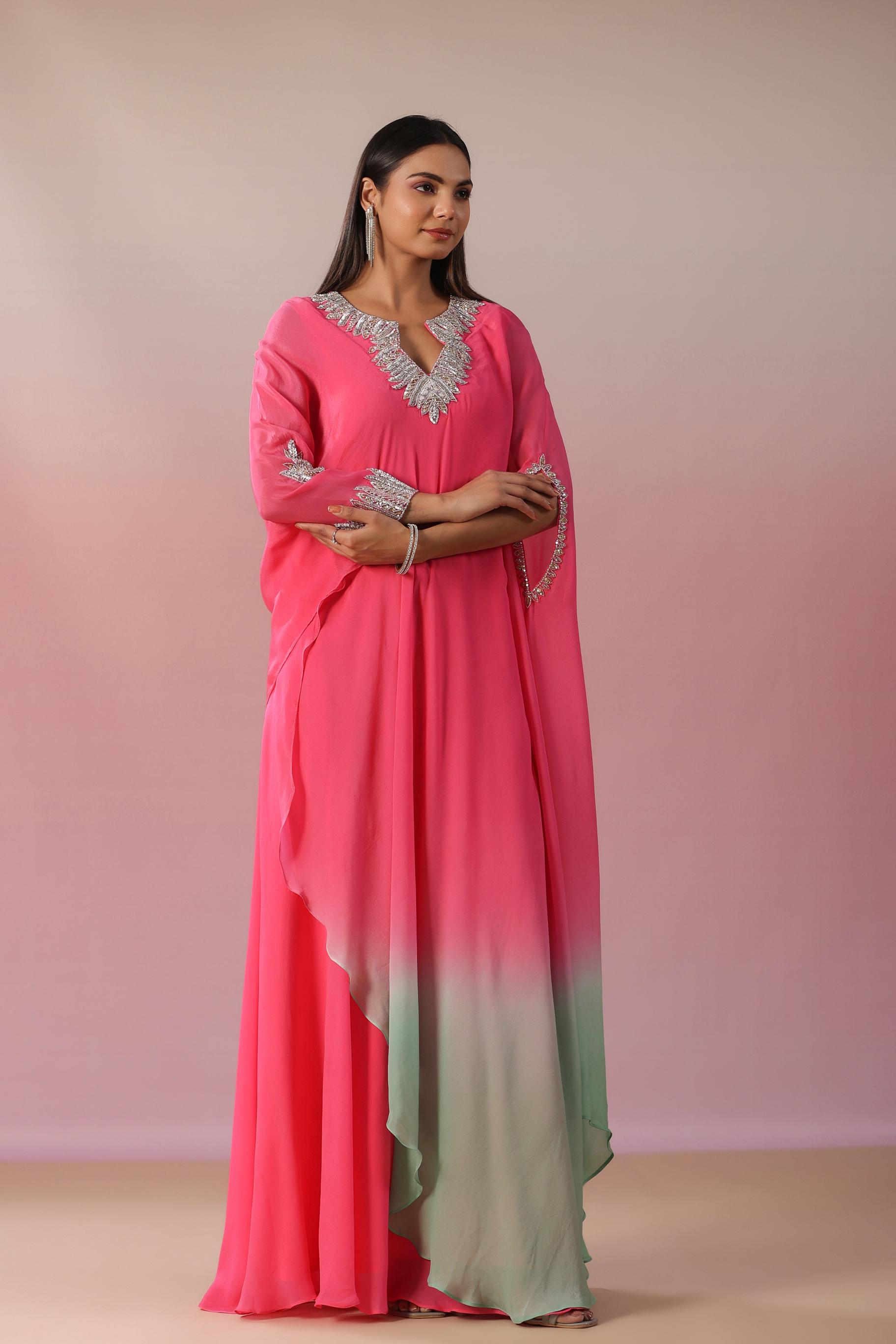 Rouge Pink Embellished Vama Georgette Silk Asymmetrical Dress