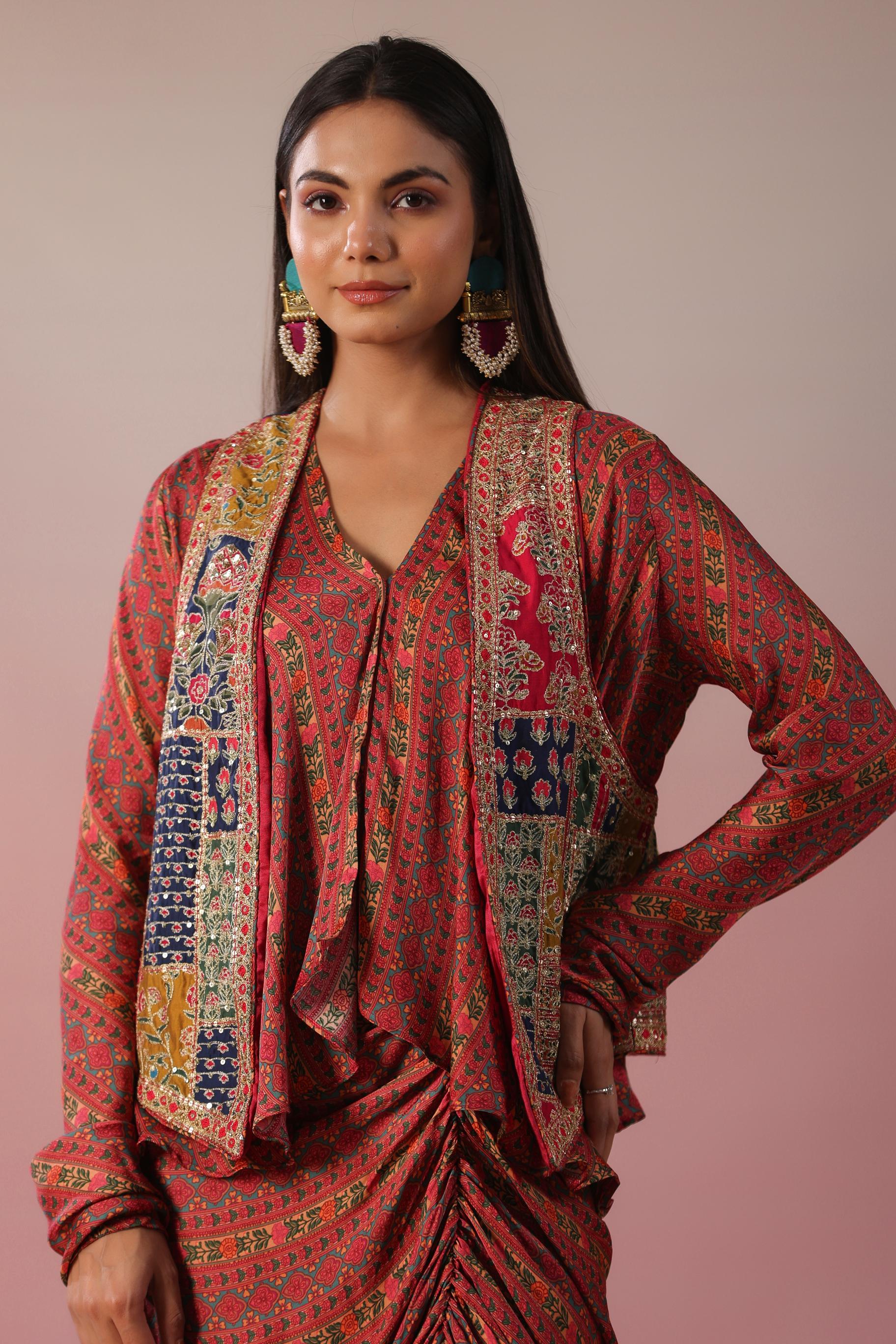 Multicolor Ethnic Printed Premium Silk Skirt Set