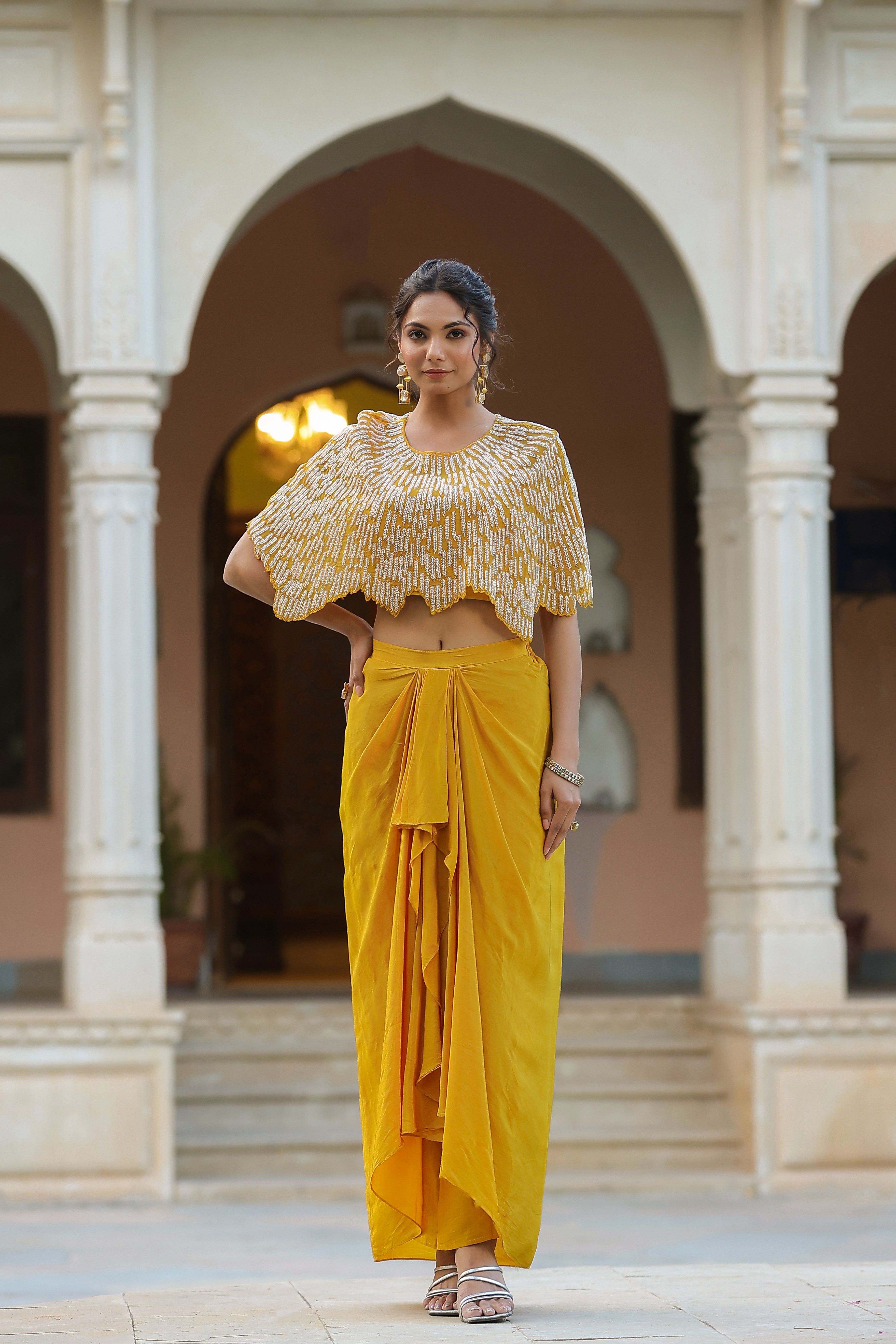 Yellow Embroidered Premium Silk Top & Skirt Set