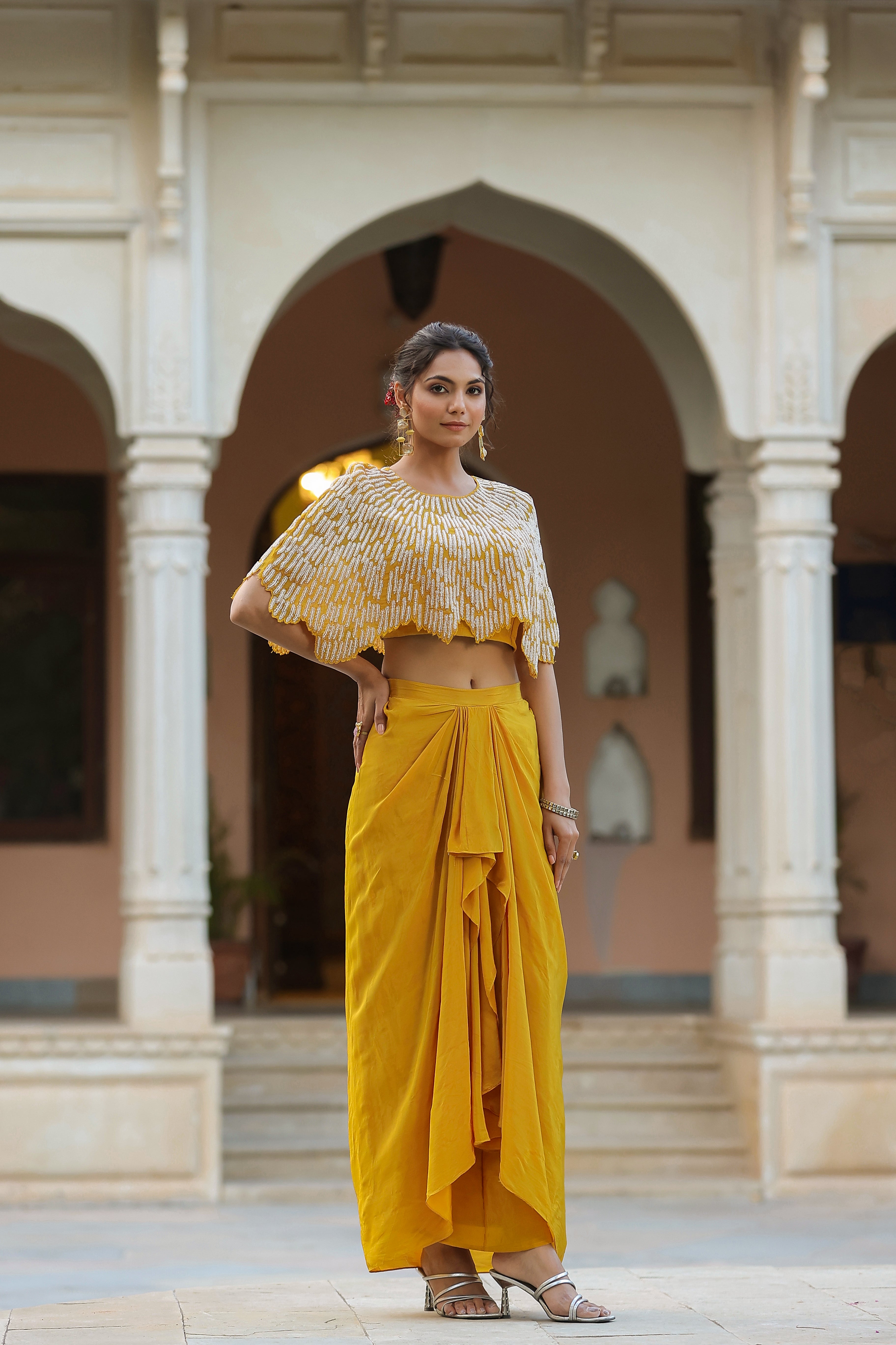 Yellow Embroidered Premium Silk Top & Skirt Set