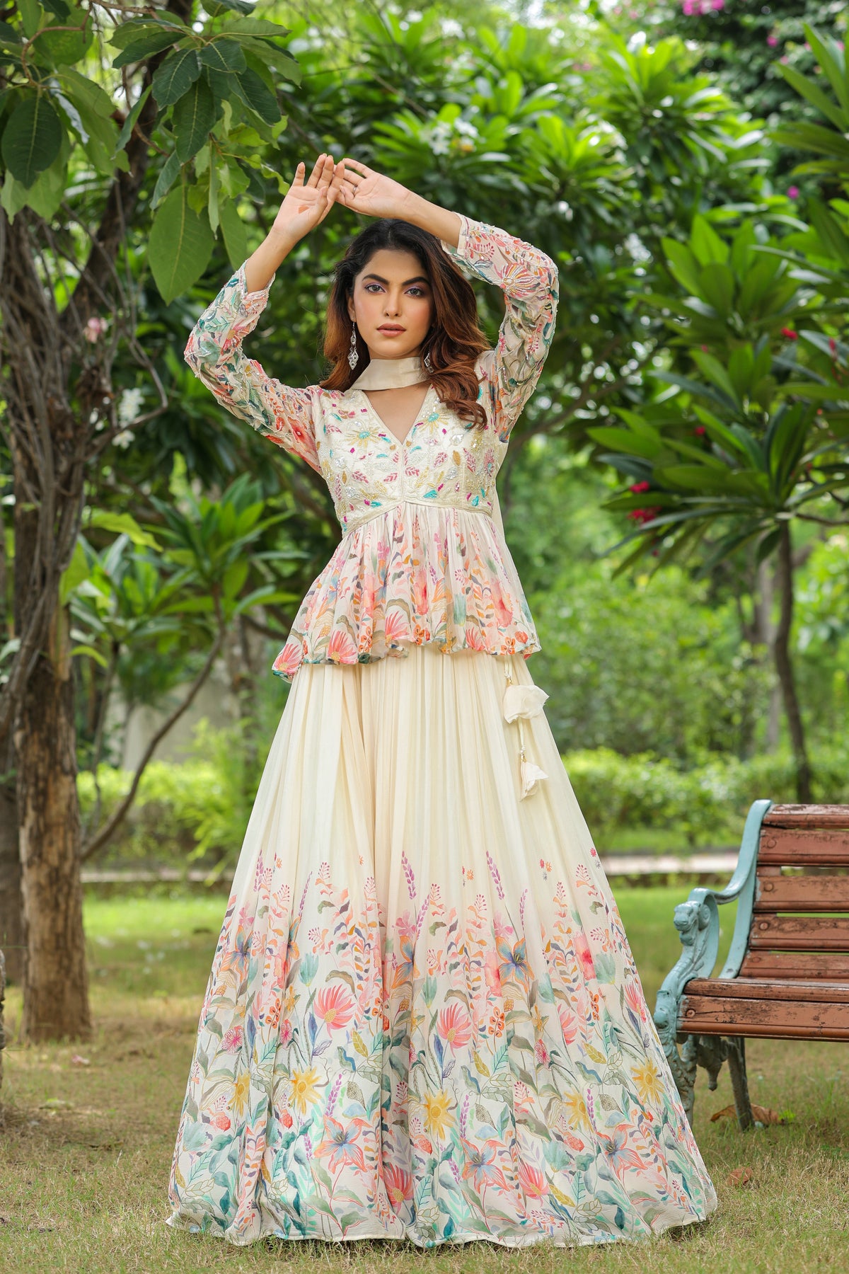 Ivory Floral Embellished Peplum Lehenga Set