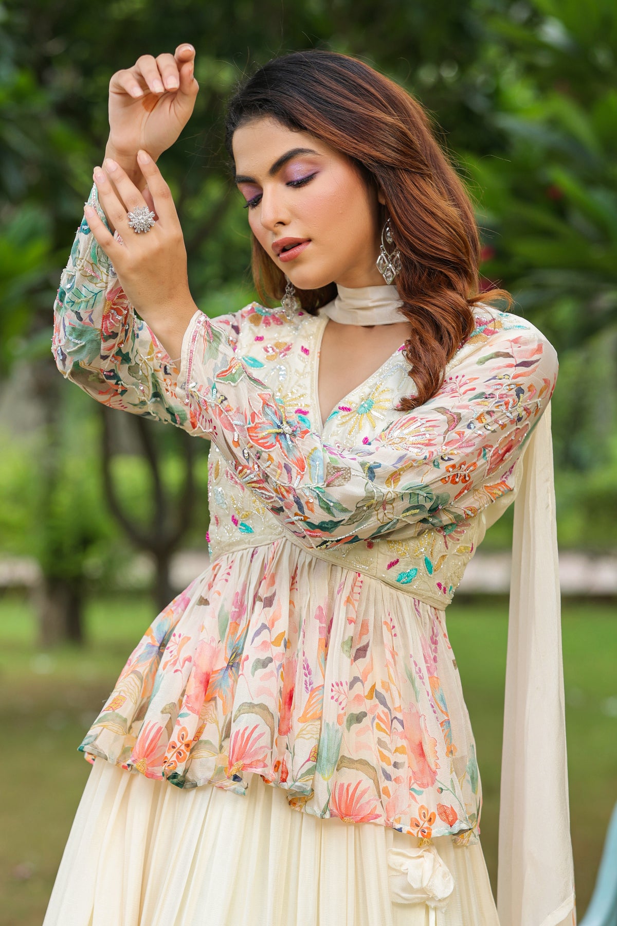 Ivory Floral Embellished Peplum Lehenga Set
