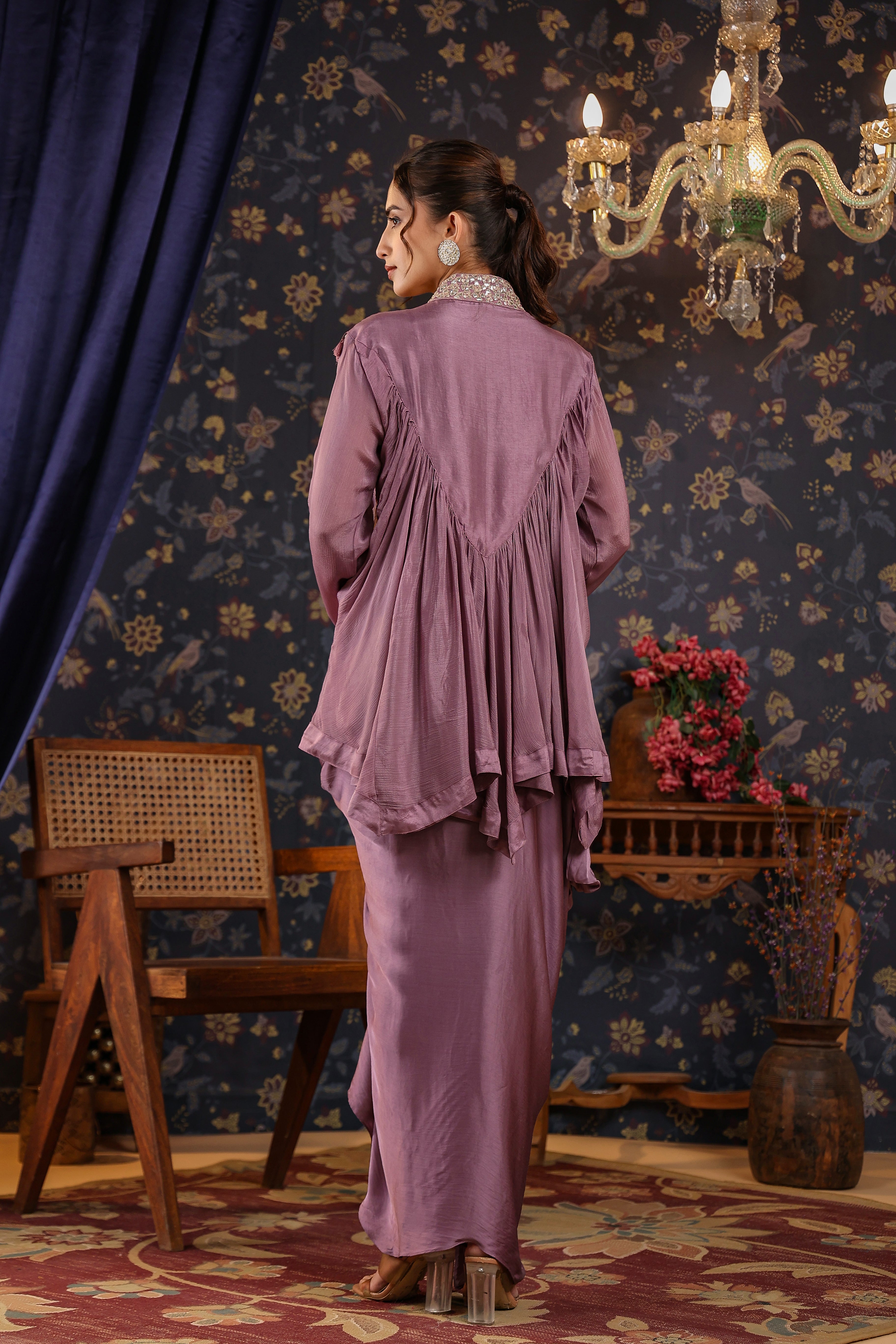 Mauve Gota Embroidered Chinon Silk Draped Skirt & Top