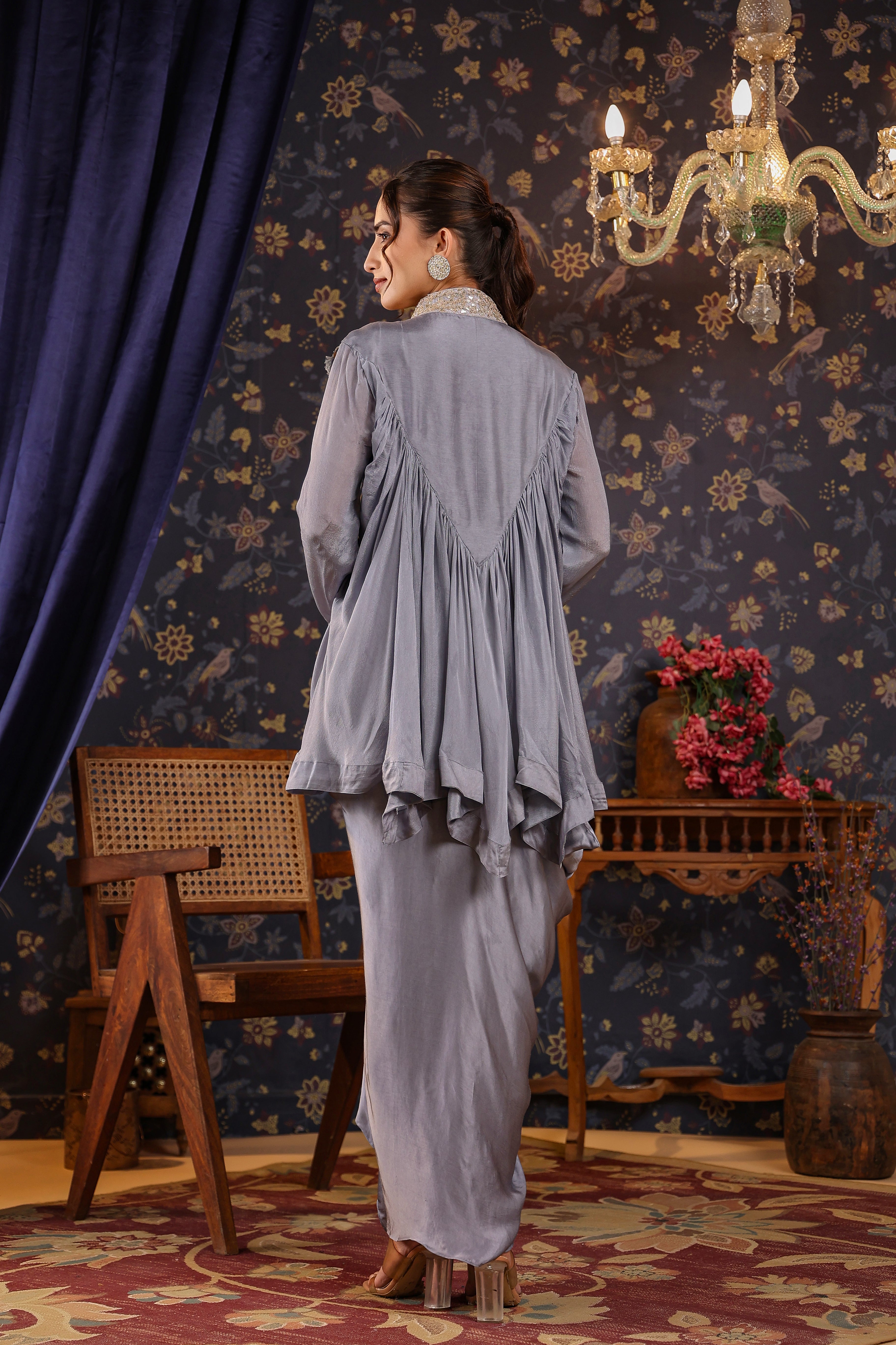 Spanish Grey Gota Embroidered Chinon Silk Draped Skirt & Top