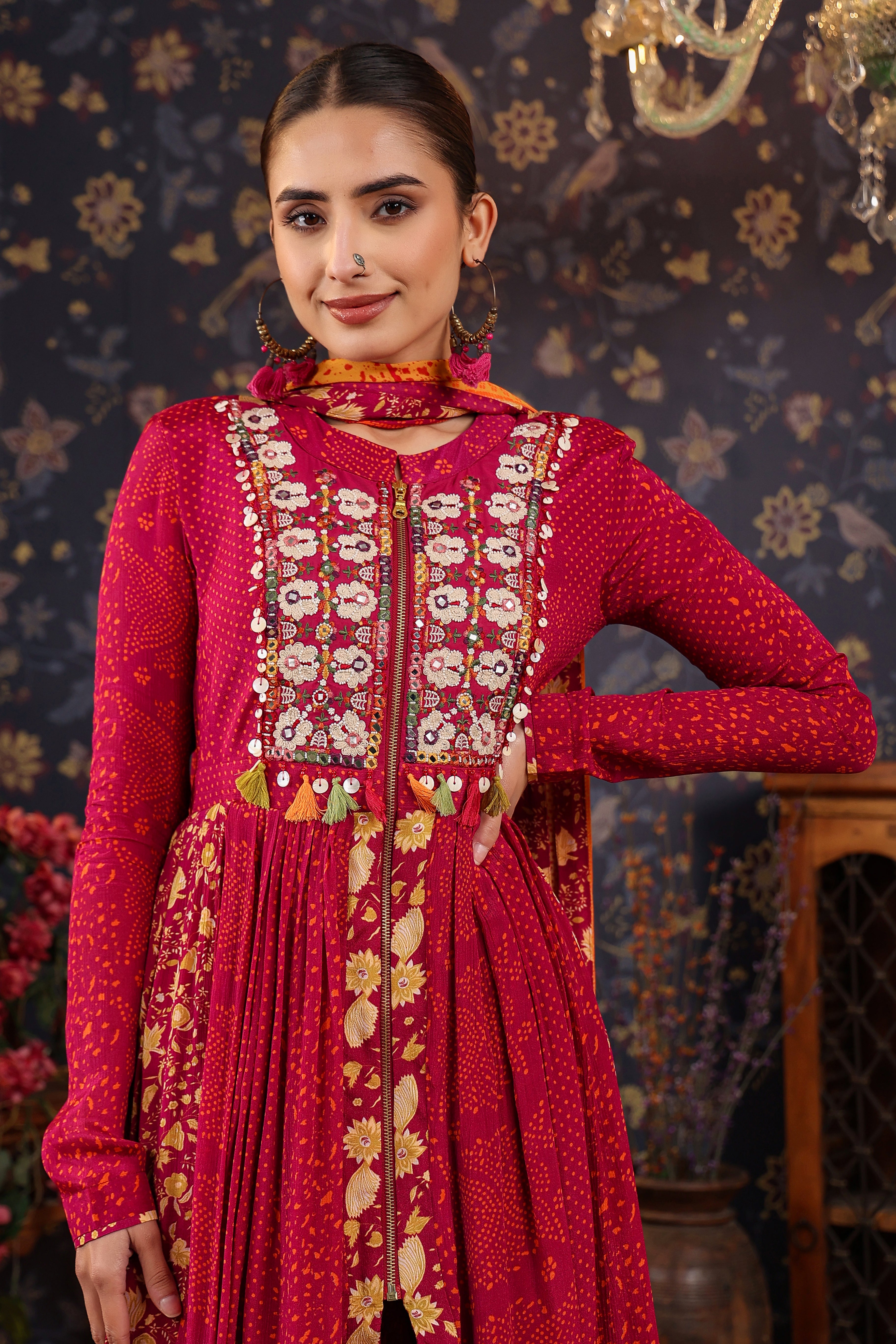 Ruby Pink Floral Embroidered Premium Silk Anarkali Set