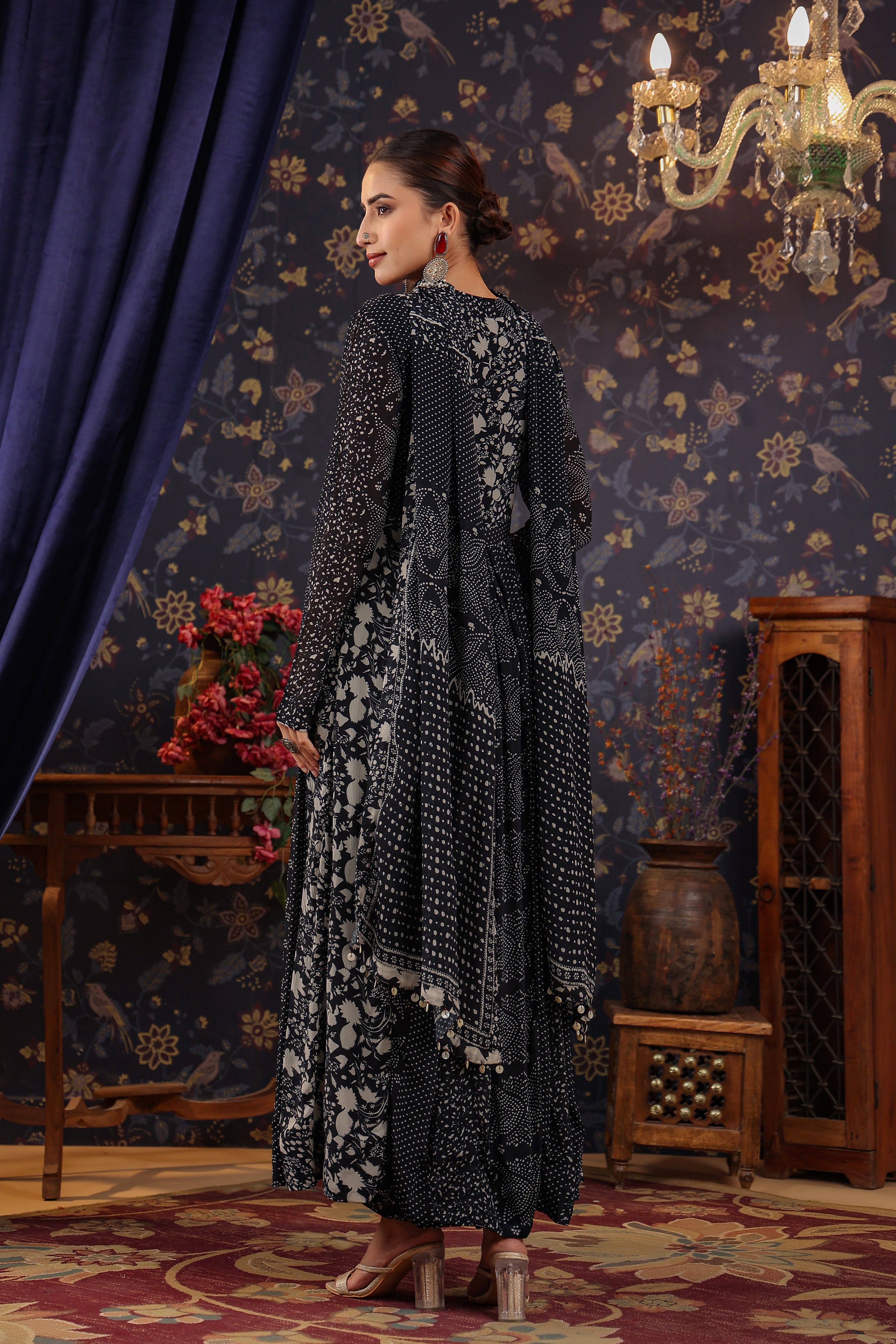 Black Floral Embroidered Premium Silk Anarkali Set