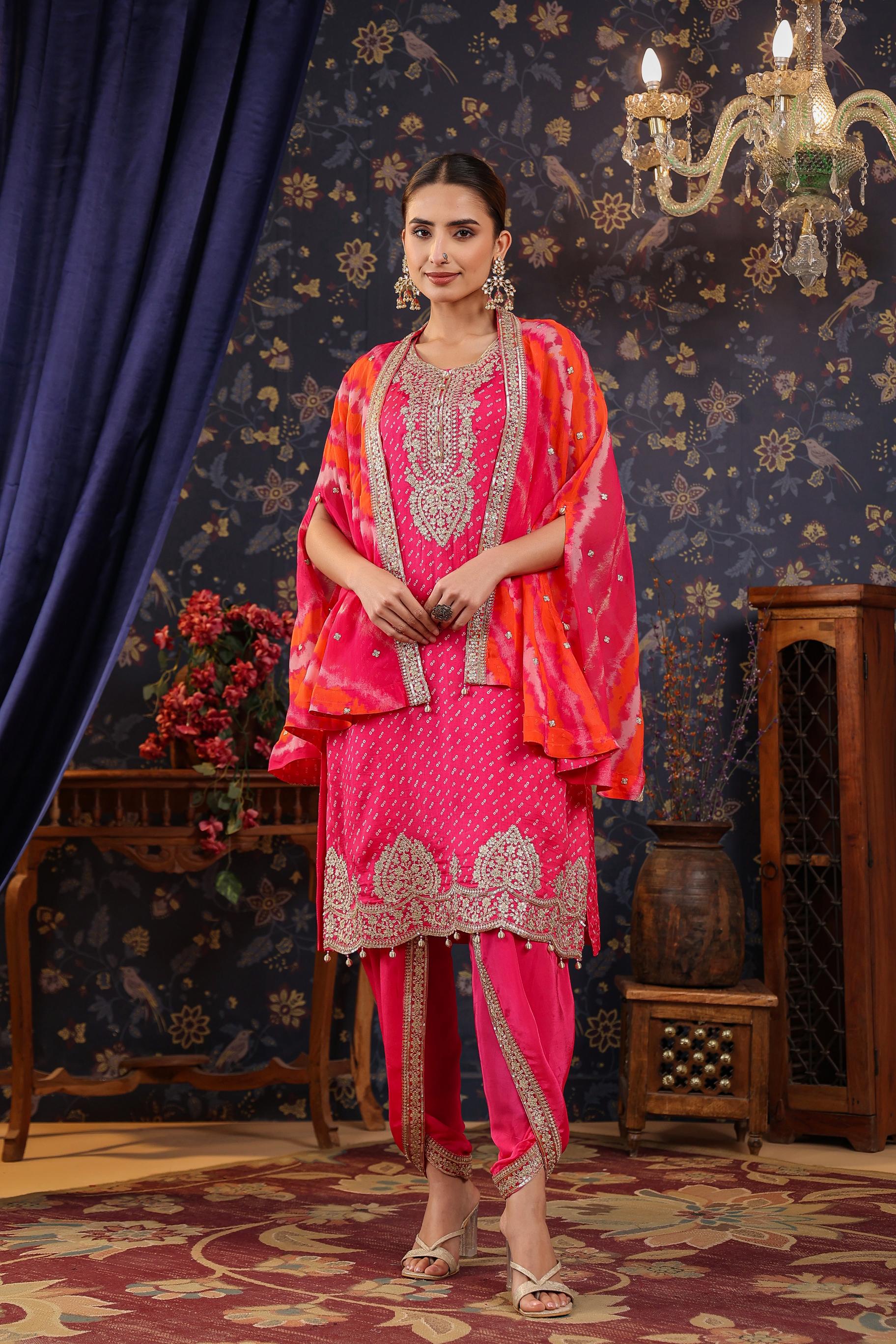 Ruby Pink Embellished Premium Organza Silk Cape Suit Set