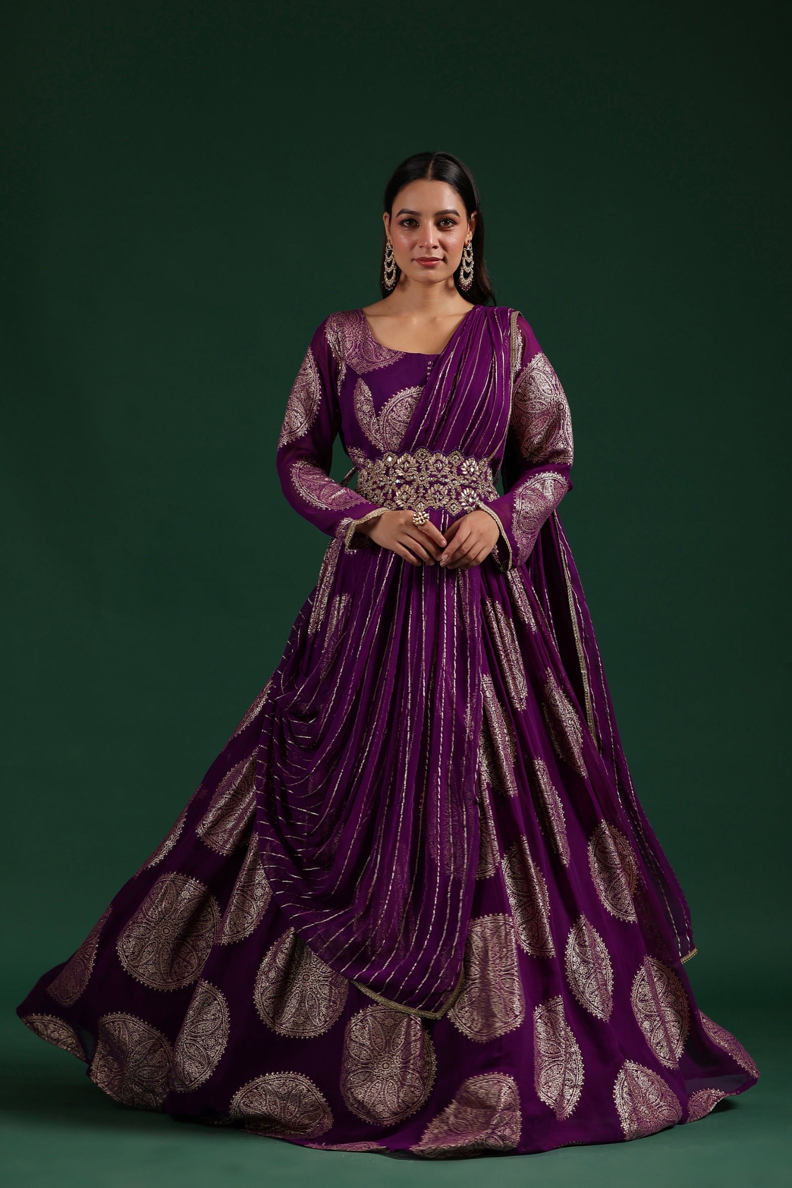 Purple Brocade Georgette Silk Draped Gown