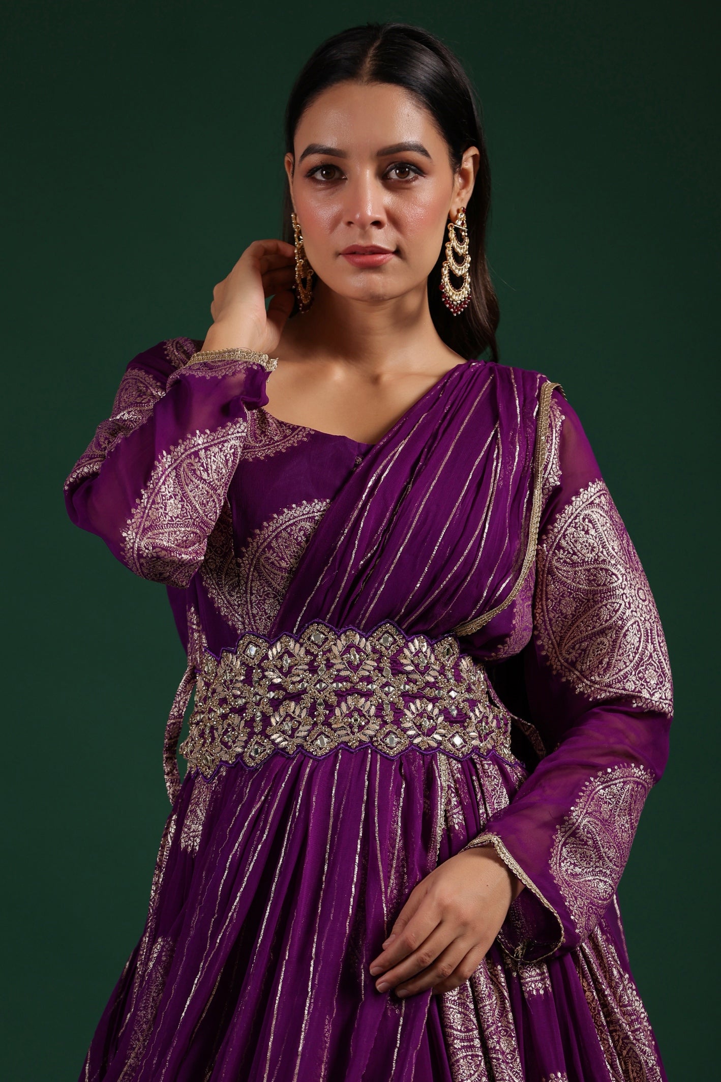 Purple Brocade Georgette Silk Draped Gown