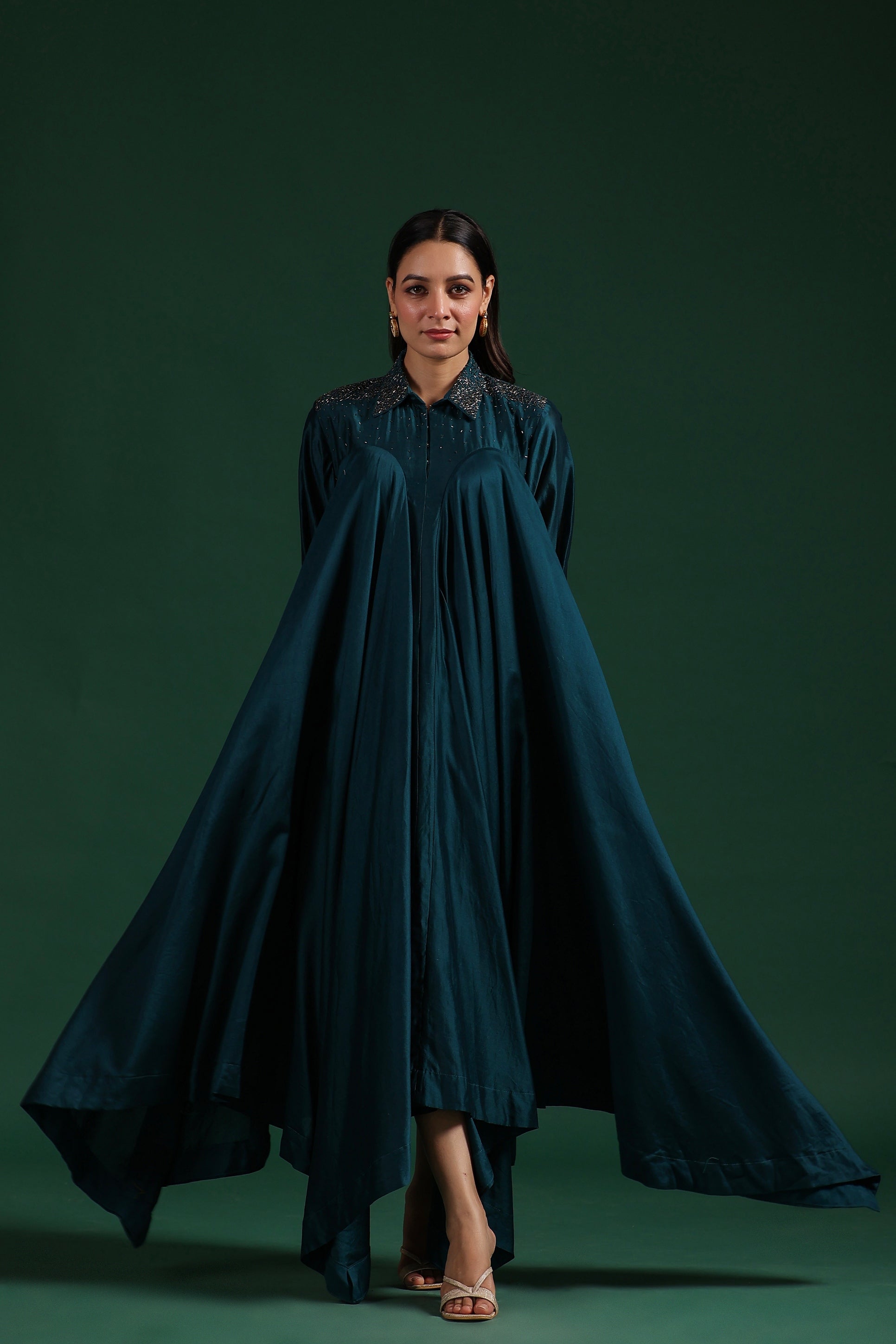 Dark Turquoise Blue Satin Chanderi Silk Dress