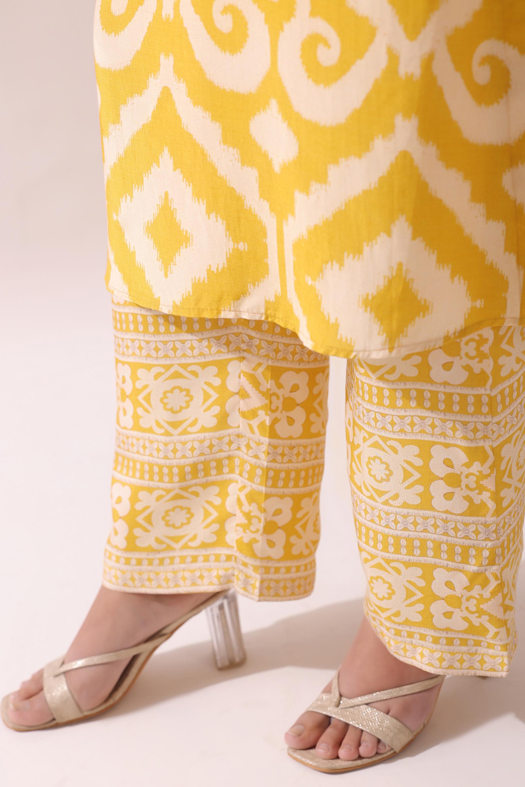 Yellow Abstract Printed Muslin Silk Pant Set
