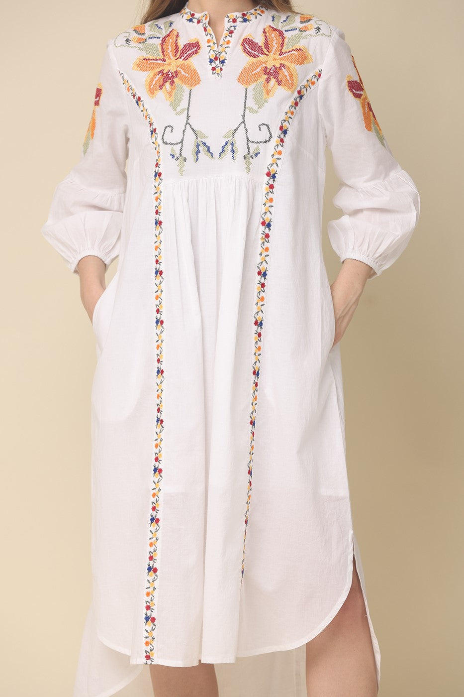 White Floral Embroidered Cotton Linen Dress