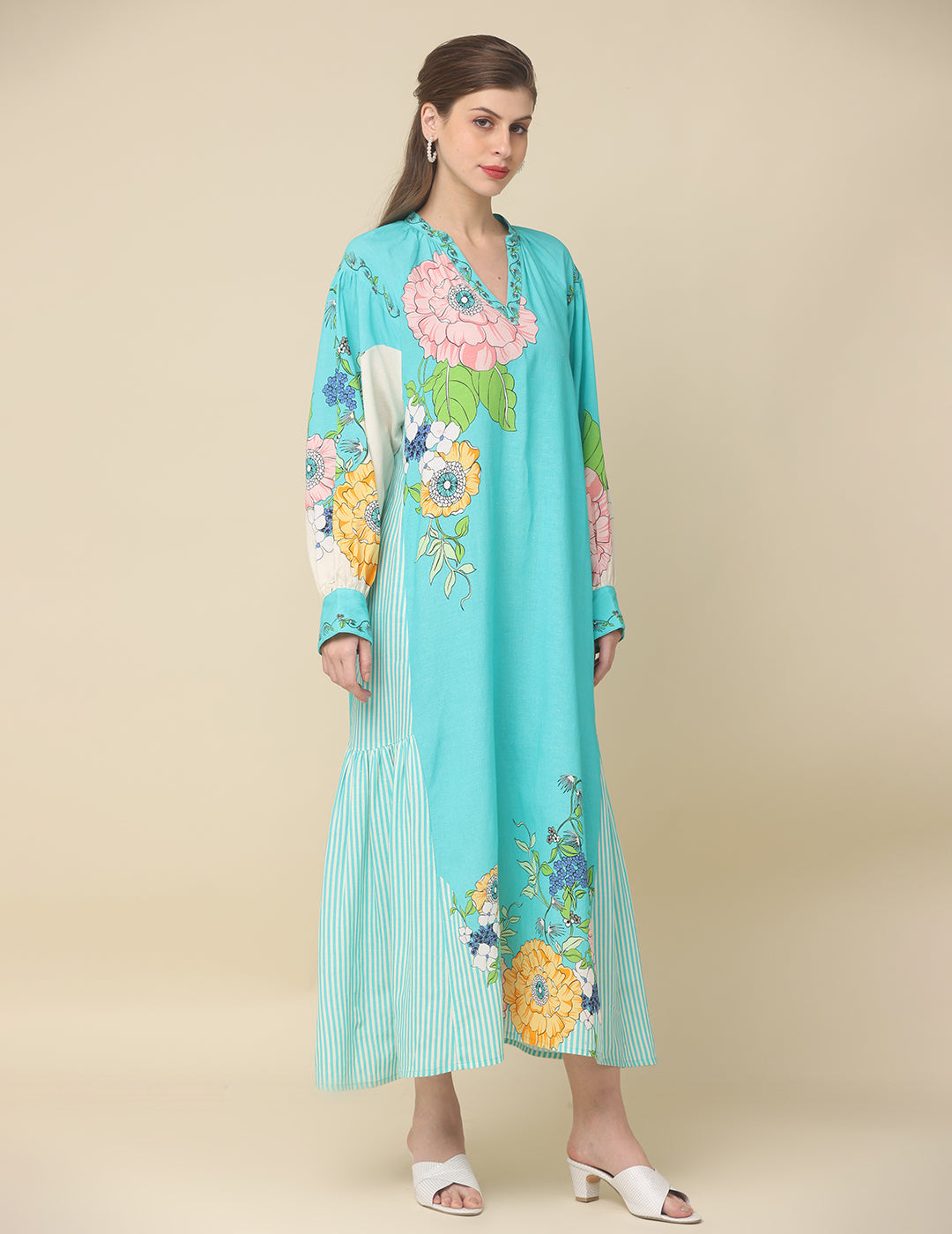 Cyan Blue Digital Floral Printed Cotton Linen Dress