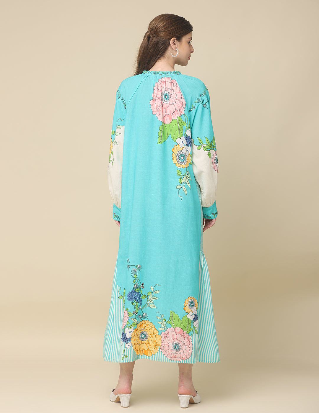Cyan Blue Digital Floral Printed Cotton Linen Dress