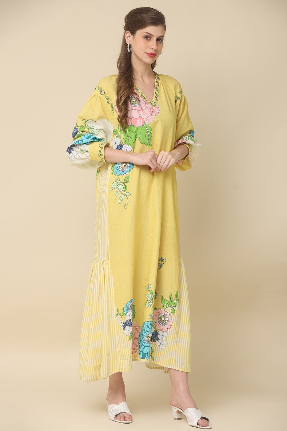 Pastel Yellow Digital Floral Printed Cotton Linen Dress