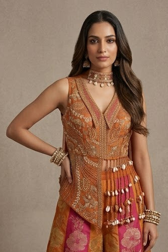 Urban Sunset Embellished Raw Silk Palazzo Set
