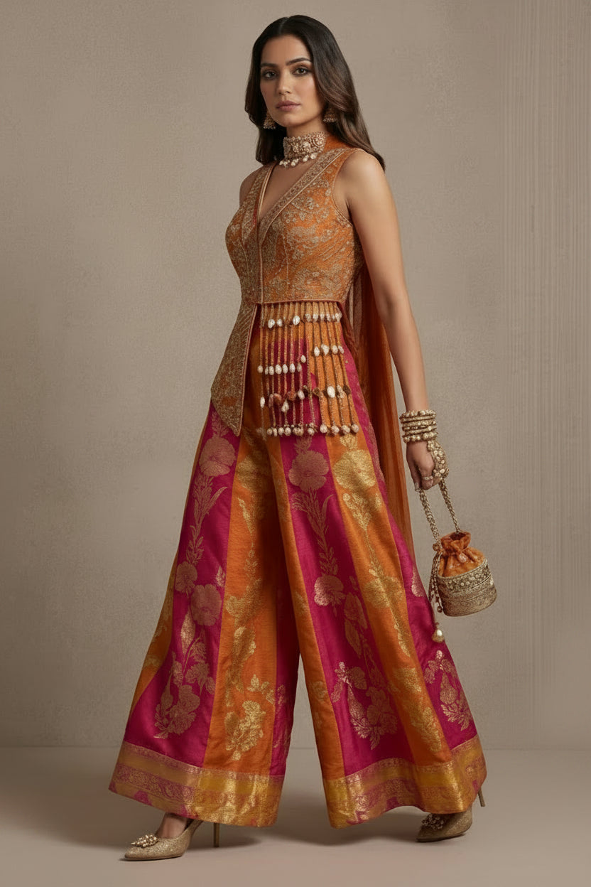 Urban Sunset Embellished Raw Silk Palazzo Set