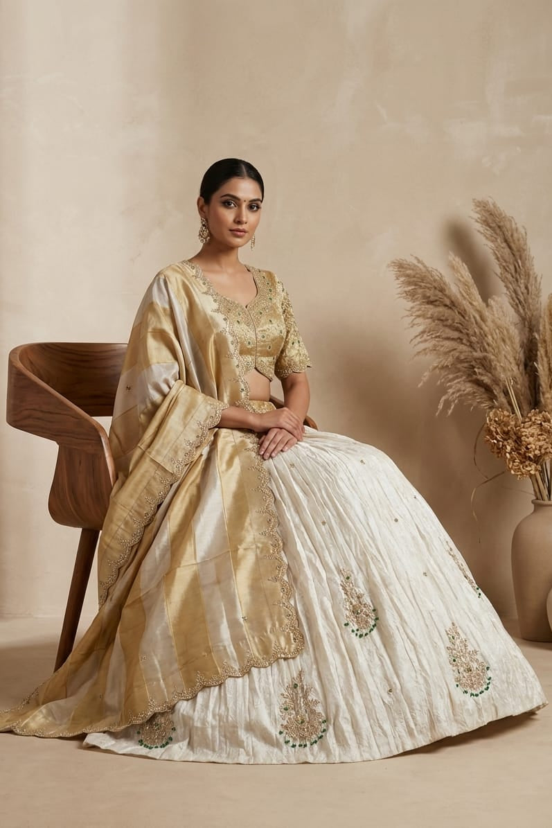 Gilded Ivory Embellished Tissue Silk Lehenga Set