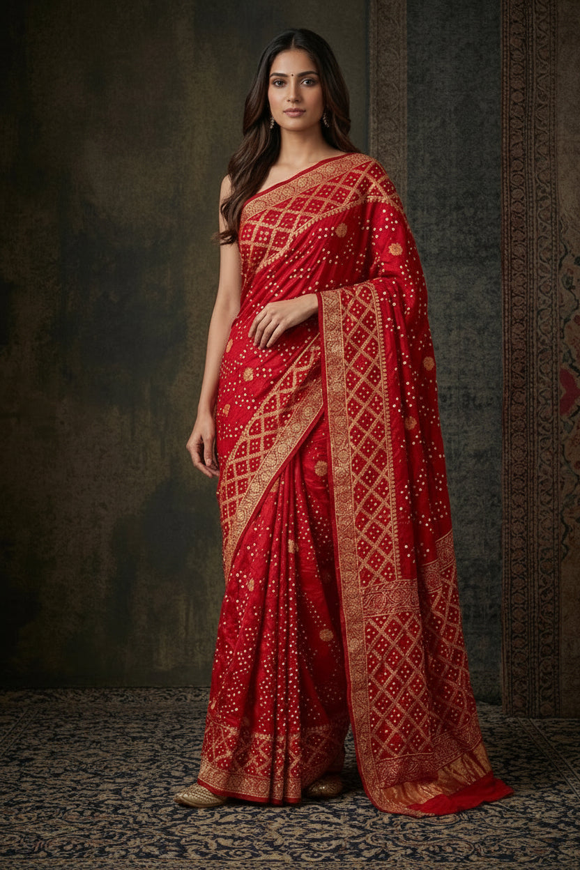 Bright Red Bandhej Printed Premium Silk Saree