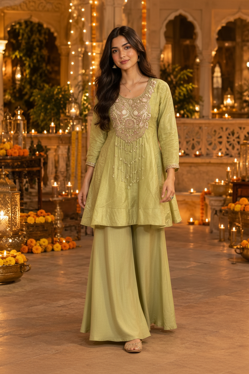 Pastel Green Embellished Shimmer Silk Palazzo Set