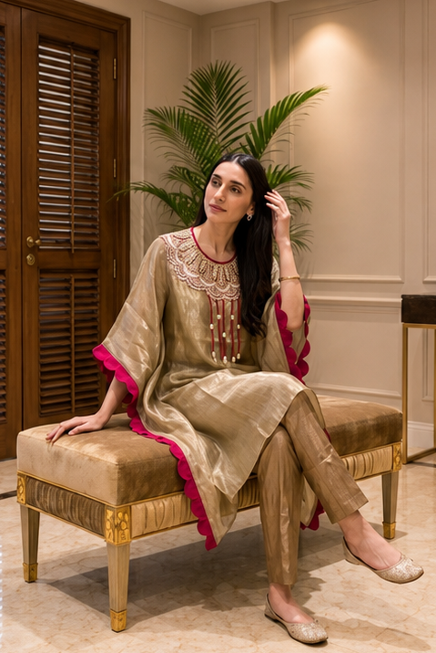 Pink Shine Embellished Shimmer Tissue Silk Kaftan Set