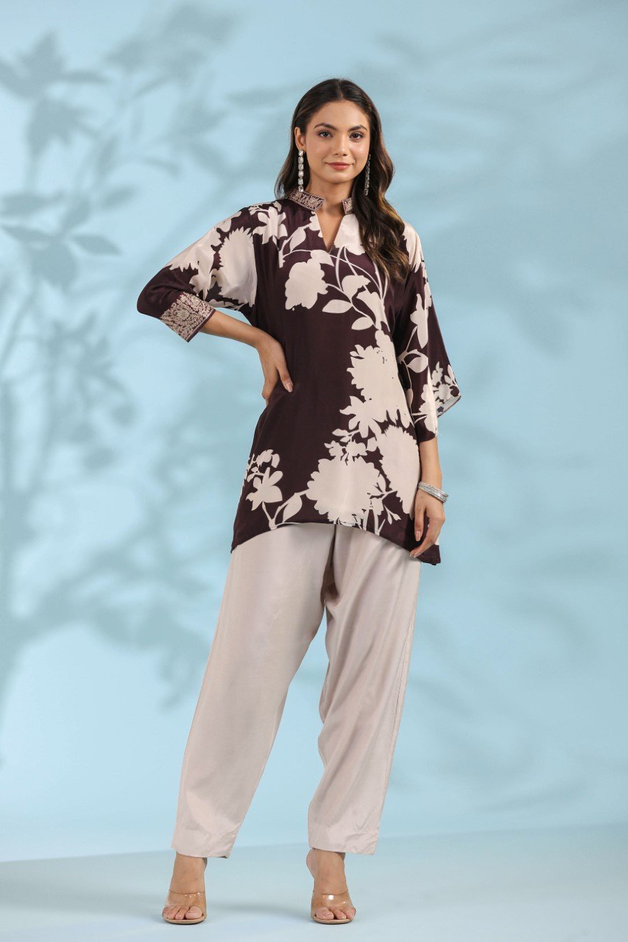 Black Floral Printed Tunic with Pants