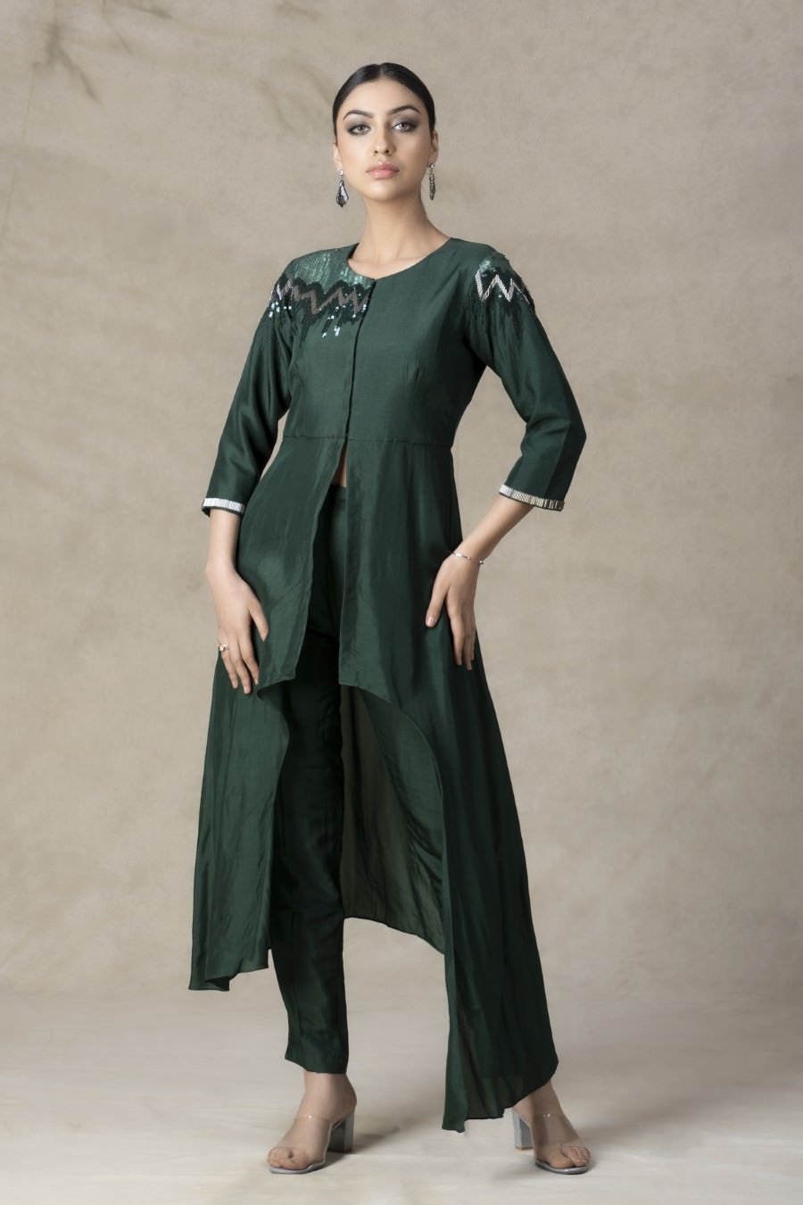 Asymmetrical Deep Green German Silk Kurta Pant Set