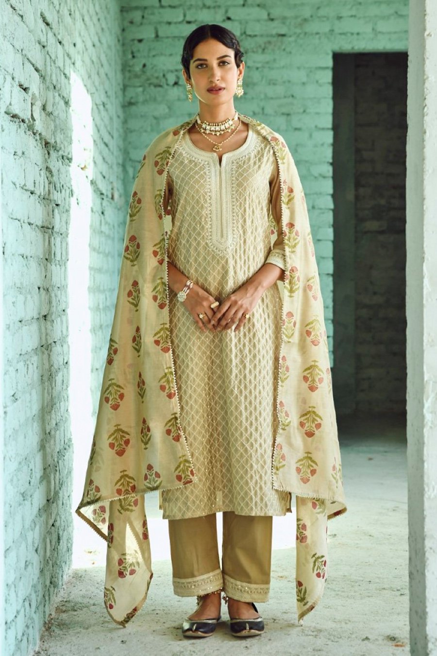 Beige Embroidered Chanderi Silk Kurta Set