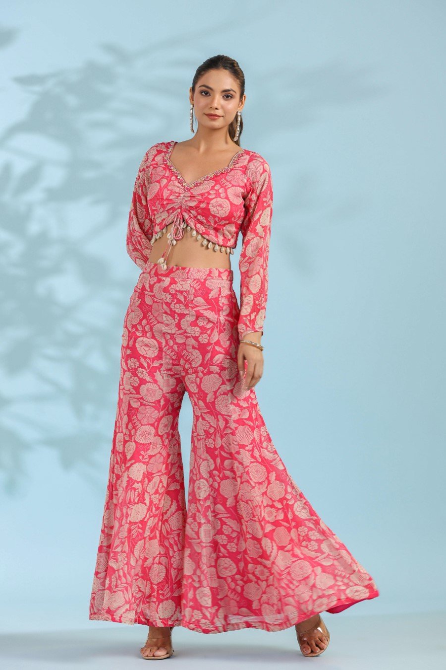 Pink Embellished & Printed Crop Top with Sharara