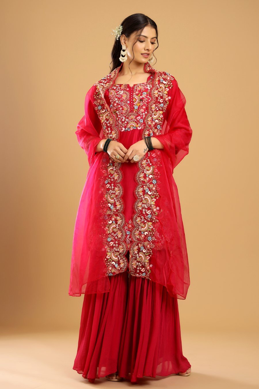 Rani Pink Modal Chanderi Embroidered Sharara Set