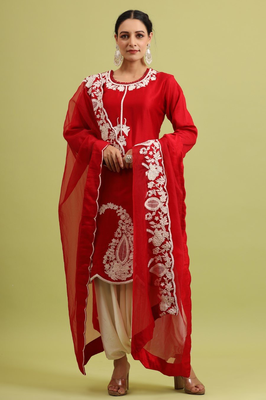 Cherry Red Embroidered Kurta set with Harem Pants