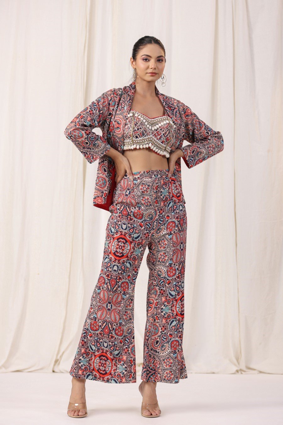 Peach Ethnic Printed & Embellsihed Co-ord Set with jacket