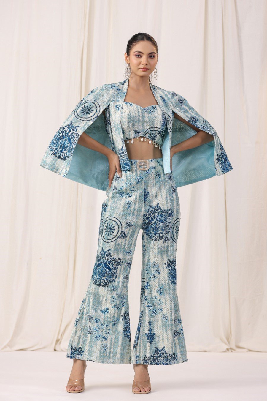 Pastel Blue Sequin Embellsihed Co-ord Set with Cape
