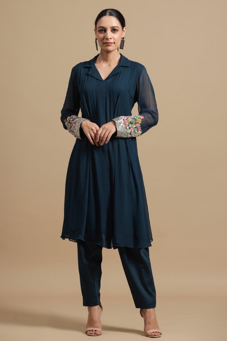 Teal Blue Embellished &amp; Pleared Tunic with Pants