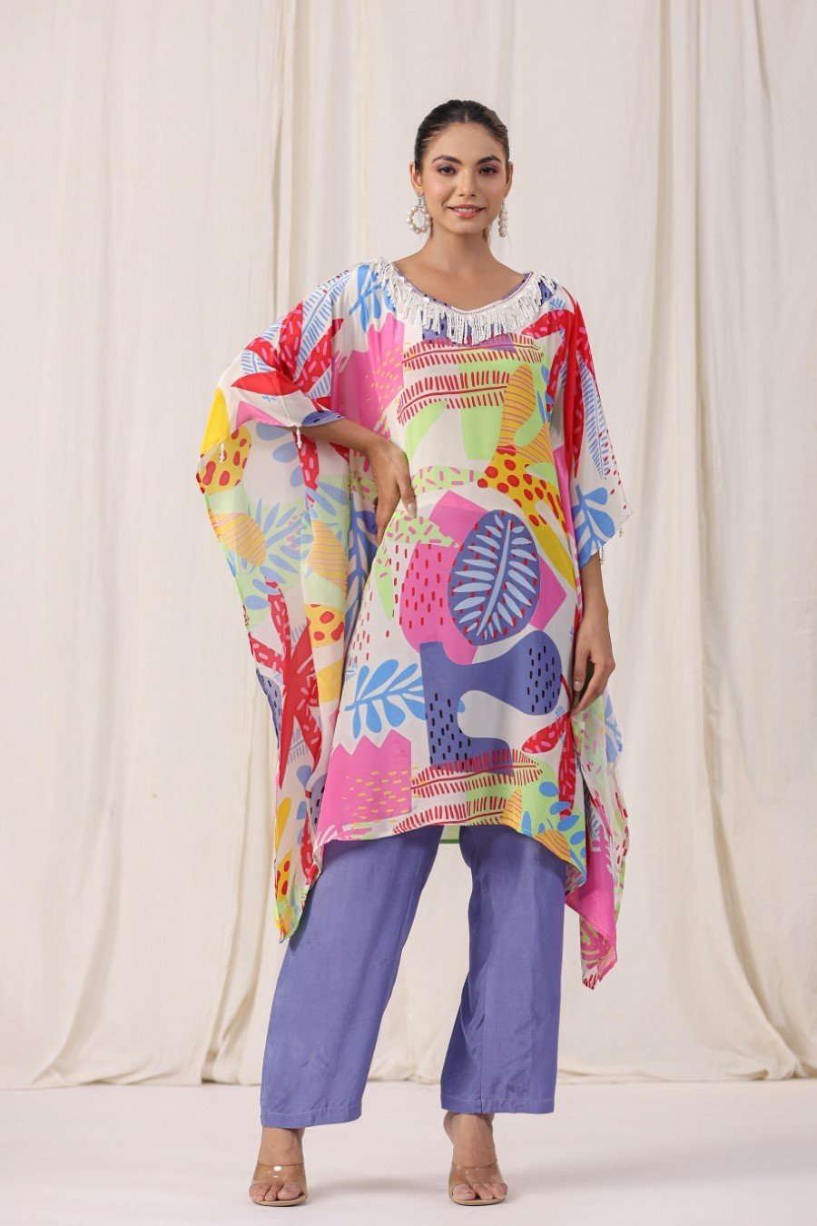 Colourful Printed Crepe Silk Kaftan with Pants
