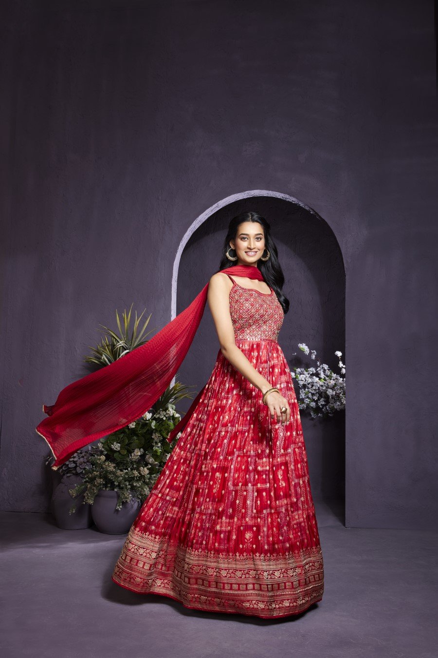 Cherry Red Ethnic Printed Anarkali with Dupatta