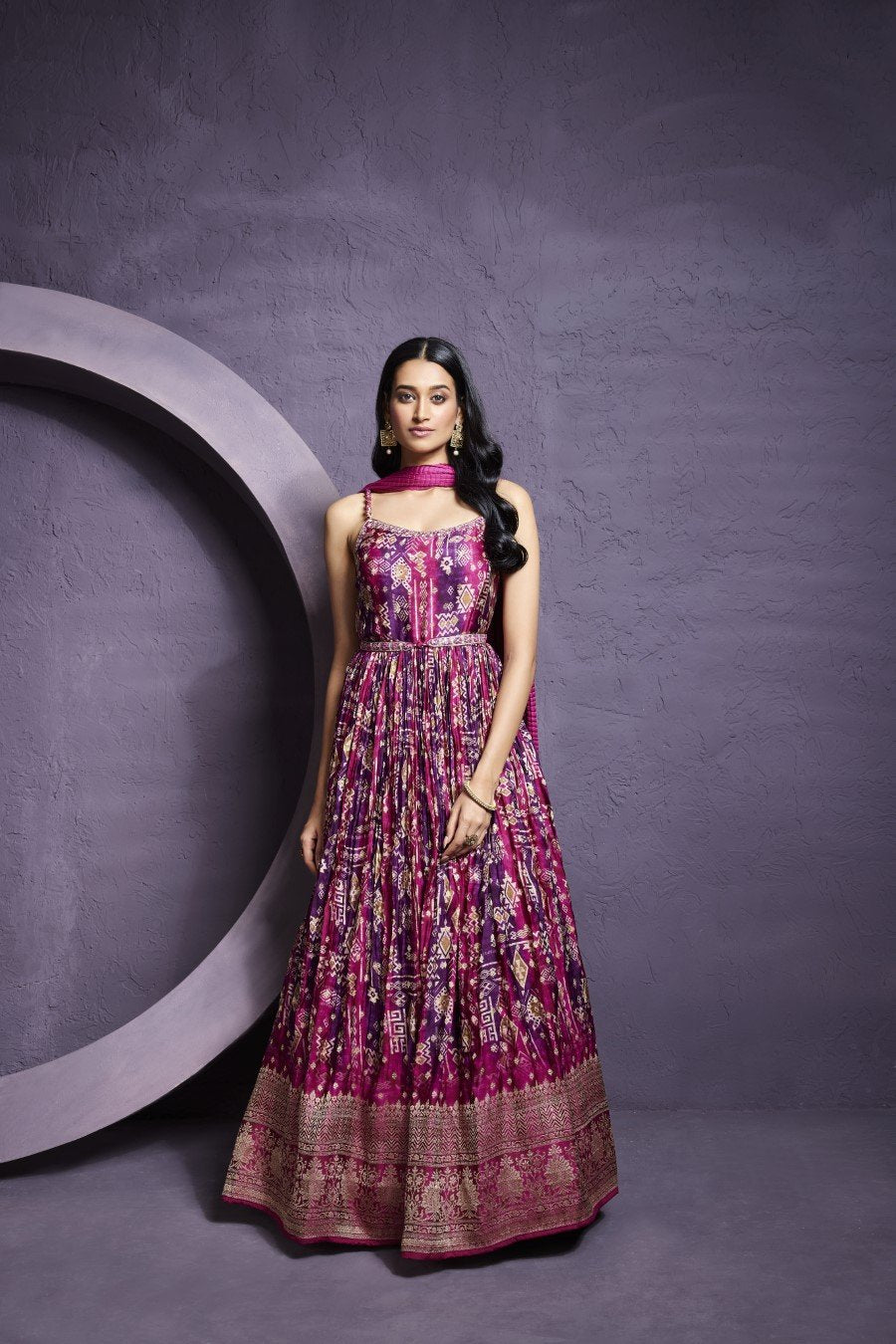 Pink Purple Ombre Printed Anarkali with Dupatta