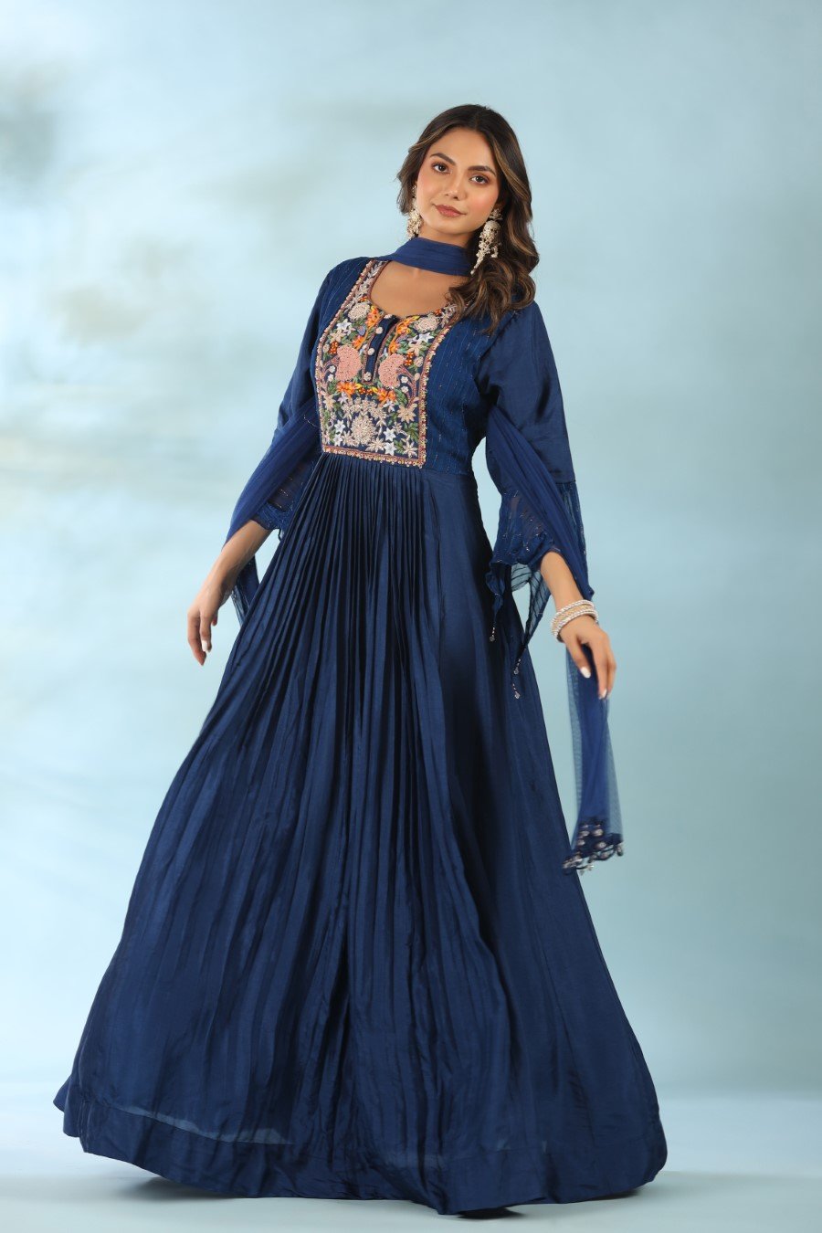 Navy Blue Modal Silk Anarkali with Dupatta