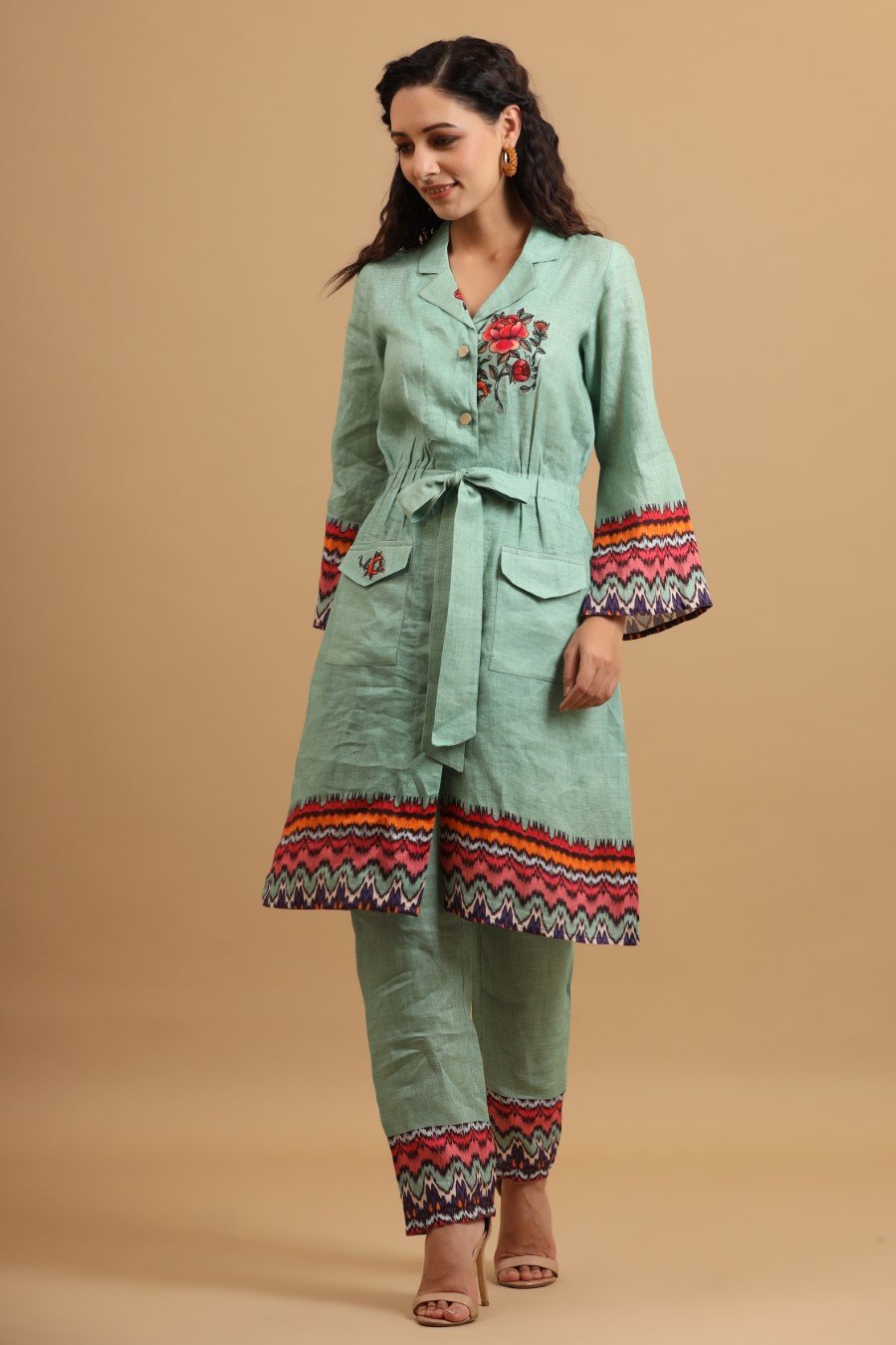 Pastel Green Linen Silk A-Line Tunic with Pants