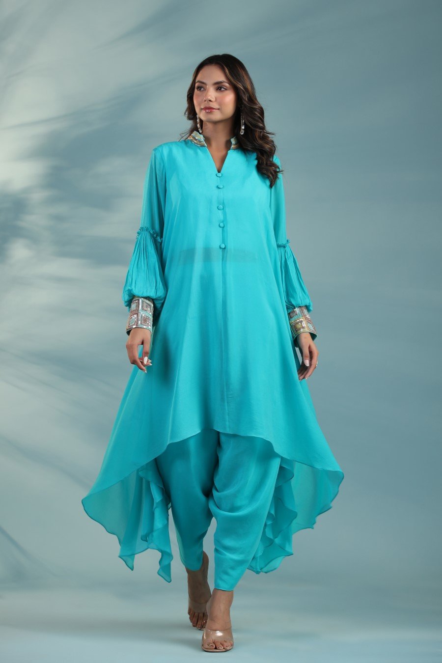 Turquoise Embroidered Tunic With Dhoti Pants