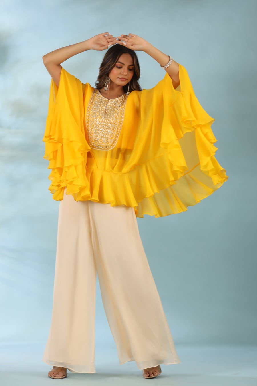 Festive Yellow Hand Embroidered Tunic With Palazzo